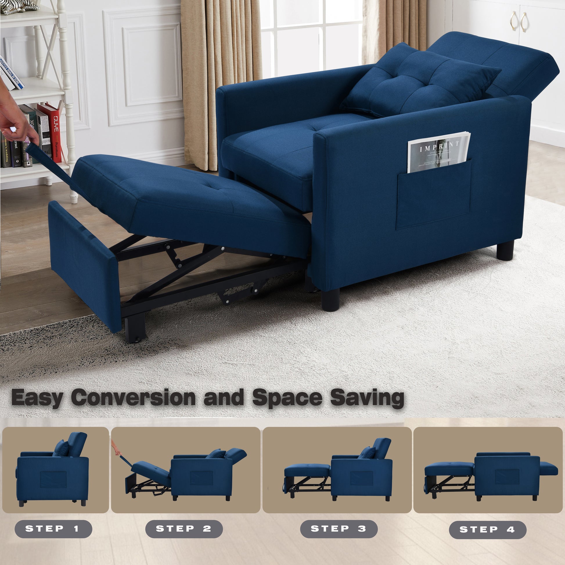 3 In 1 Convertible Futon Sofa Bed With Adjustable Backrest, Single Sofa Bed With Pull Out Sleeper, Convertible Futon Chair For Living Room, Side Bag And 1 Lumbar Pillow,Navy Navy Linen Wood Fabric 1 Seat