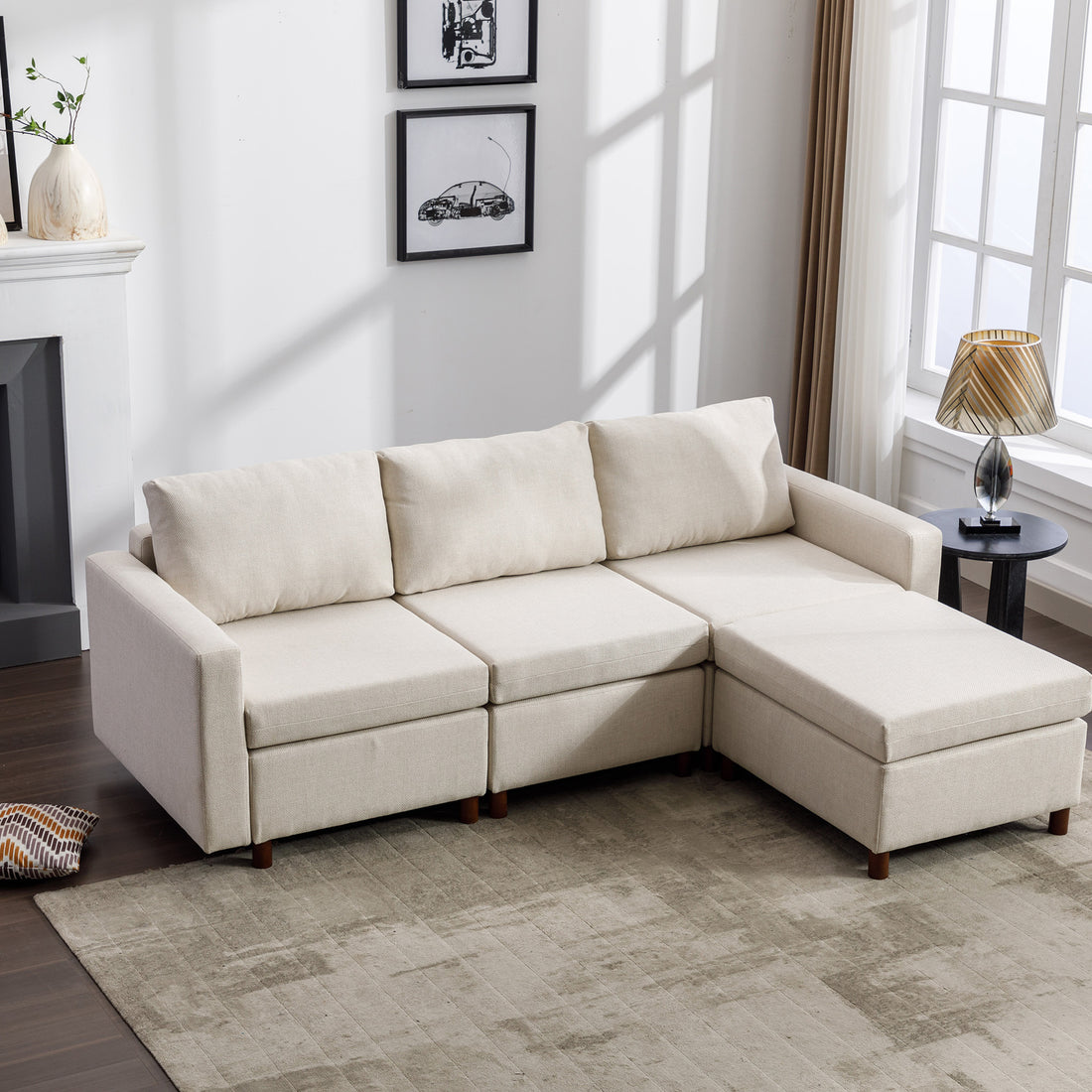 3 Seat Module Sectional Sofa Couch With 1 Ottoman For Living Room,Seat Cushion And Back Cushion Non Removable And Non Washable,Cream Cream Wood Primary Living Space Soft Modern Rubberwood Foam Linen 3 Seat