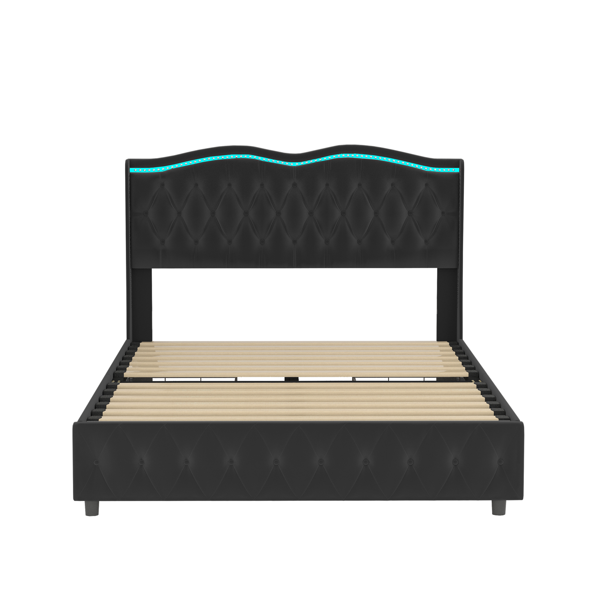 Queen Platform Bed Framevelvet Upholstered Bed With Deep Tufted Buttons And Trim, Adjustable Colorful Led Light Decorative Headboard, Bed Sides With Pull Out Storage 4 Drawers, Black Queen Black Velvet