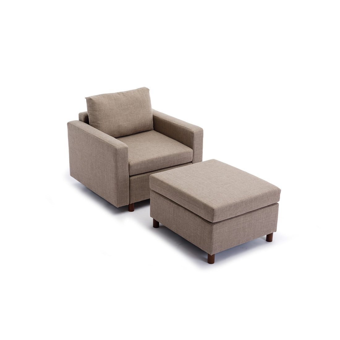 Single Seat Module Sofa Sectional Couch With Armrest With 1 Ottoman,Cushion Covers Non Removable And Non Washable,Brown Brown Wood Primary Living Space Soft Modern Rubberwood Foam Linen 1 Seat