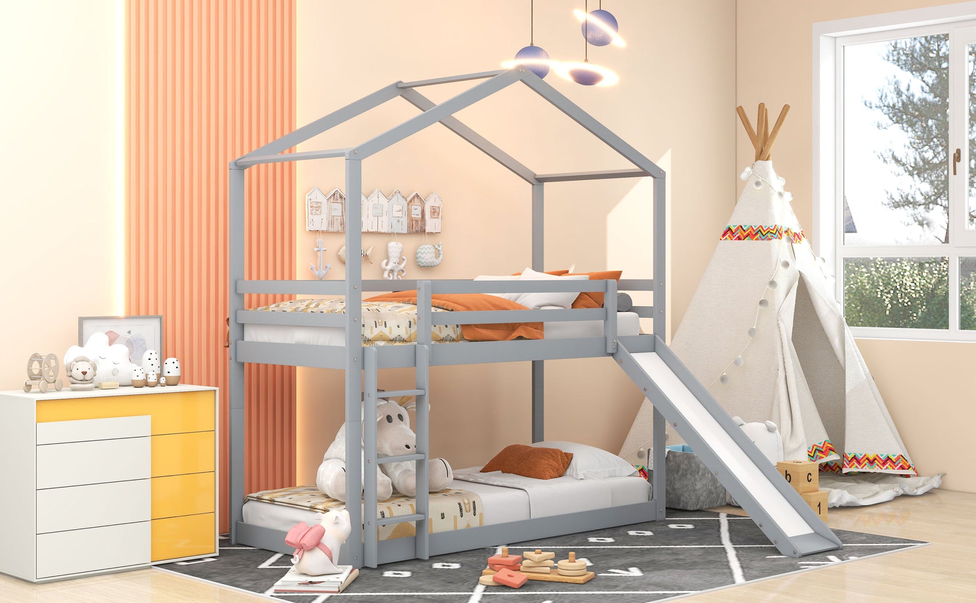 Twin Over Twin Bunk Bed With Roof, Slide And Ladder, Gray Twin Gray Solid Wood