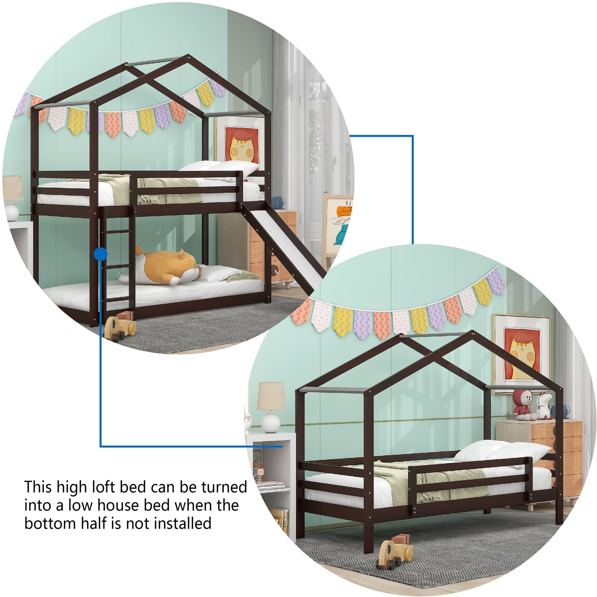 Twin Over Twin Bunk Bed With Roof, Slide And Ladder, Espresso Twin Espresso Solid Wood