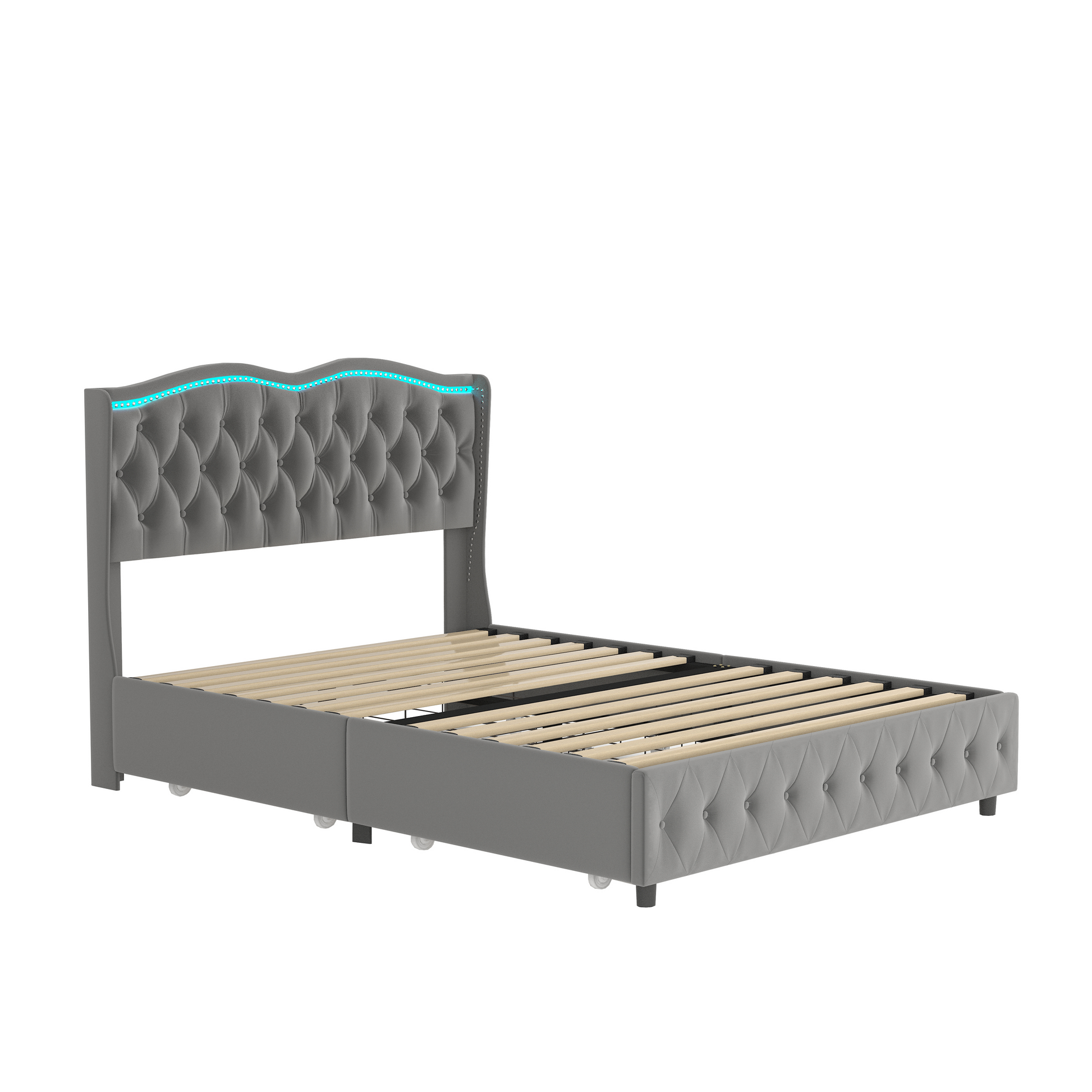 Queen Platform Bed Framevelvet Upholstered Bed With Deep Tufted Buttons And Trim, Adjustable Colorful Led Light Decorative Headboard, Bed Sides With Pull Out Storage 4 Drawers, Grey Queen Grey Velvet