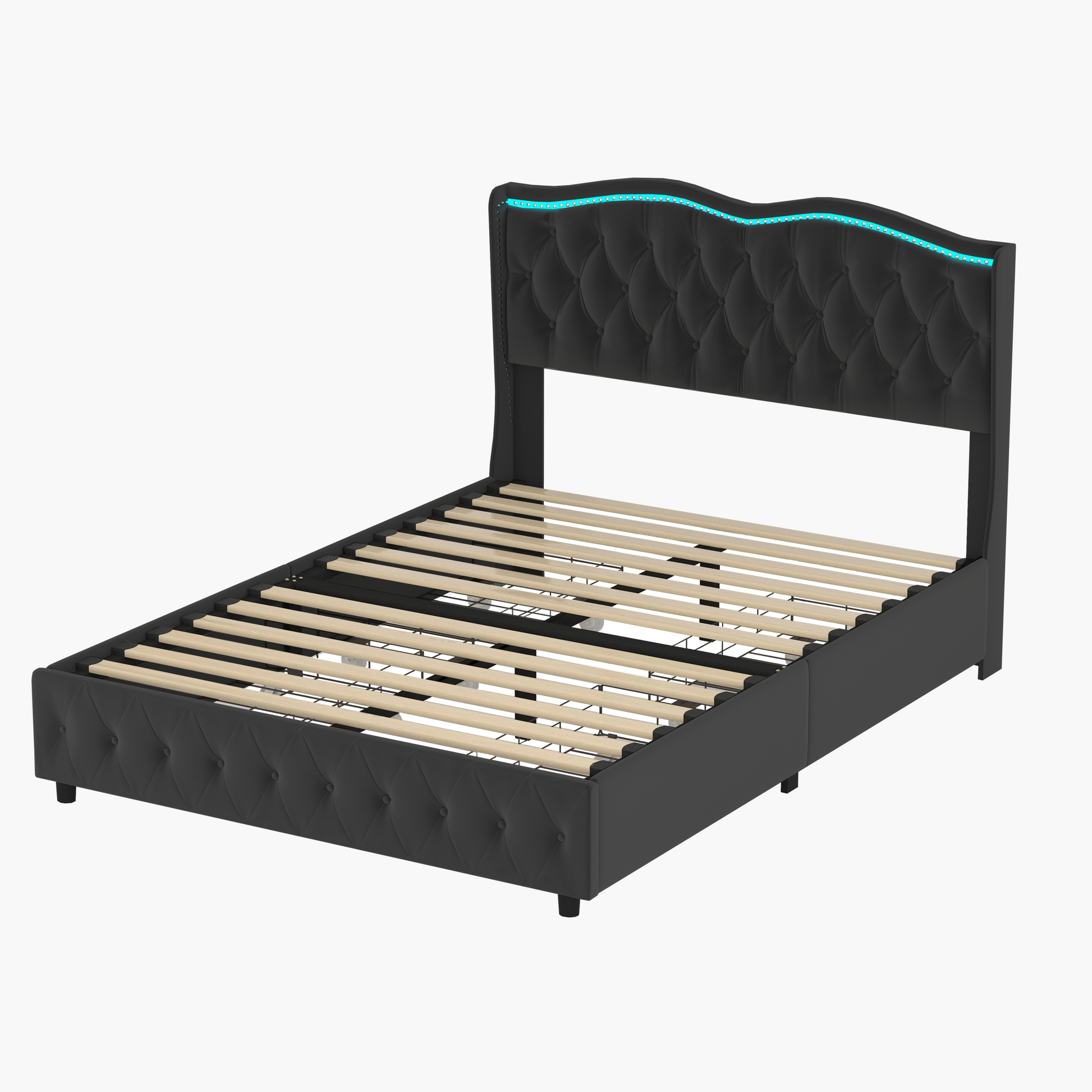 Queen Platform Bed Framevelvet Upholstered Bed With Deep Tufted Buttons And Trim, Adjustable Colorful Led Light Decorative Headboard, Bed Sides With Pull Out Storage 4 Drawers, Black Queen Black Velvet