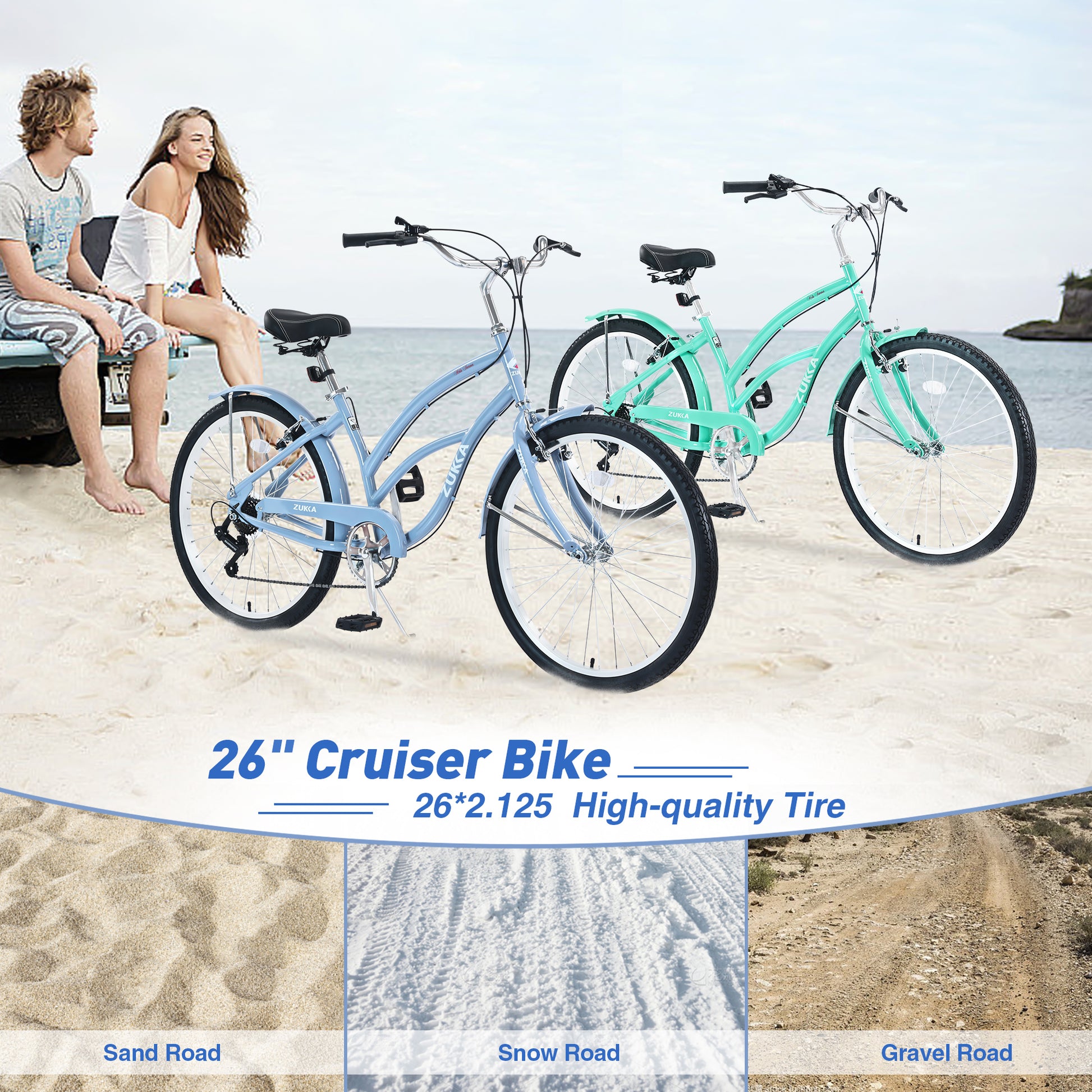 7 Speed Bicycles, Multiple Colors 26"Inch Beach Cruiser Bike Cycling Light Blue Garden & Outdoor Steel