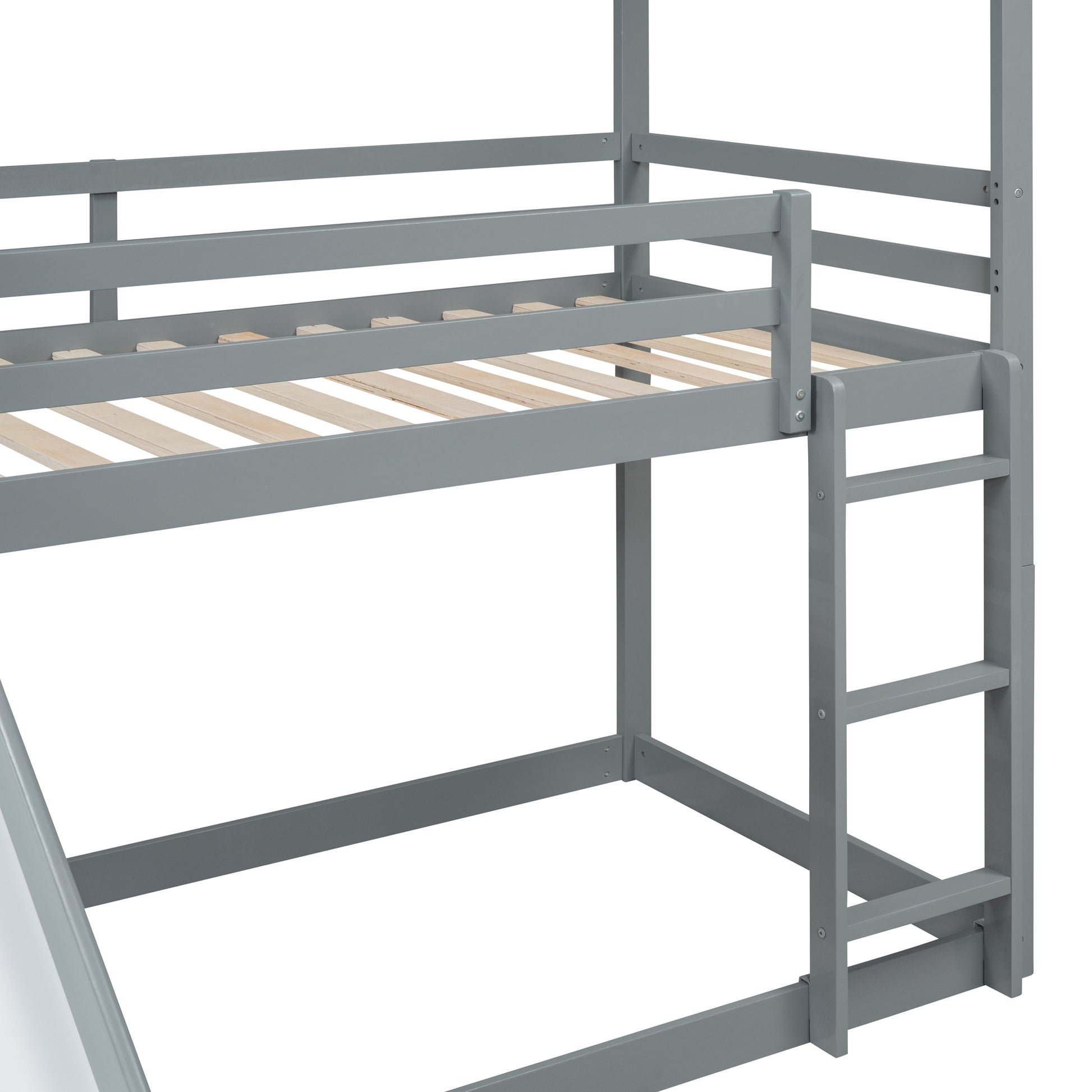 Twin Over Twin Bunk Bed With Roof, Slide And Ladder, Gray Twin Gray Solid Wood