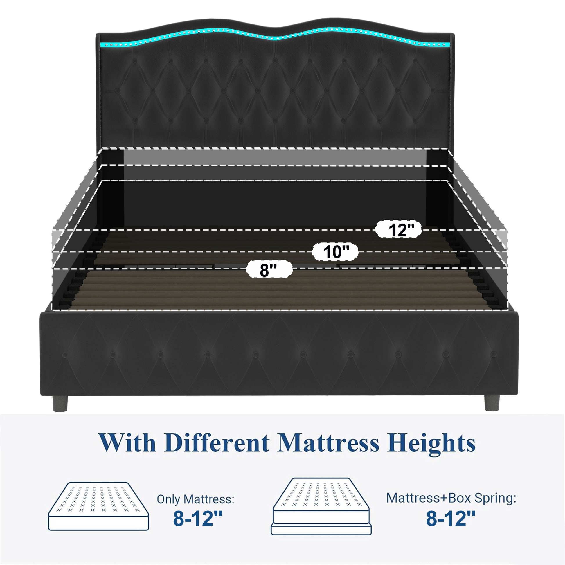 Queen Platform Bed Framevelvet Upholstered Bed With Deep Tufted Buttons And Trim, Adjustable Colorful Led Light Decorative Headboard, Bed Sides With Pull Out Storage 4 Drawers, Black Queen Black Velvet