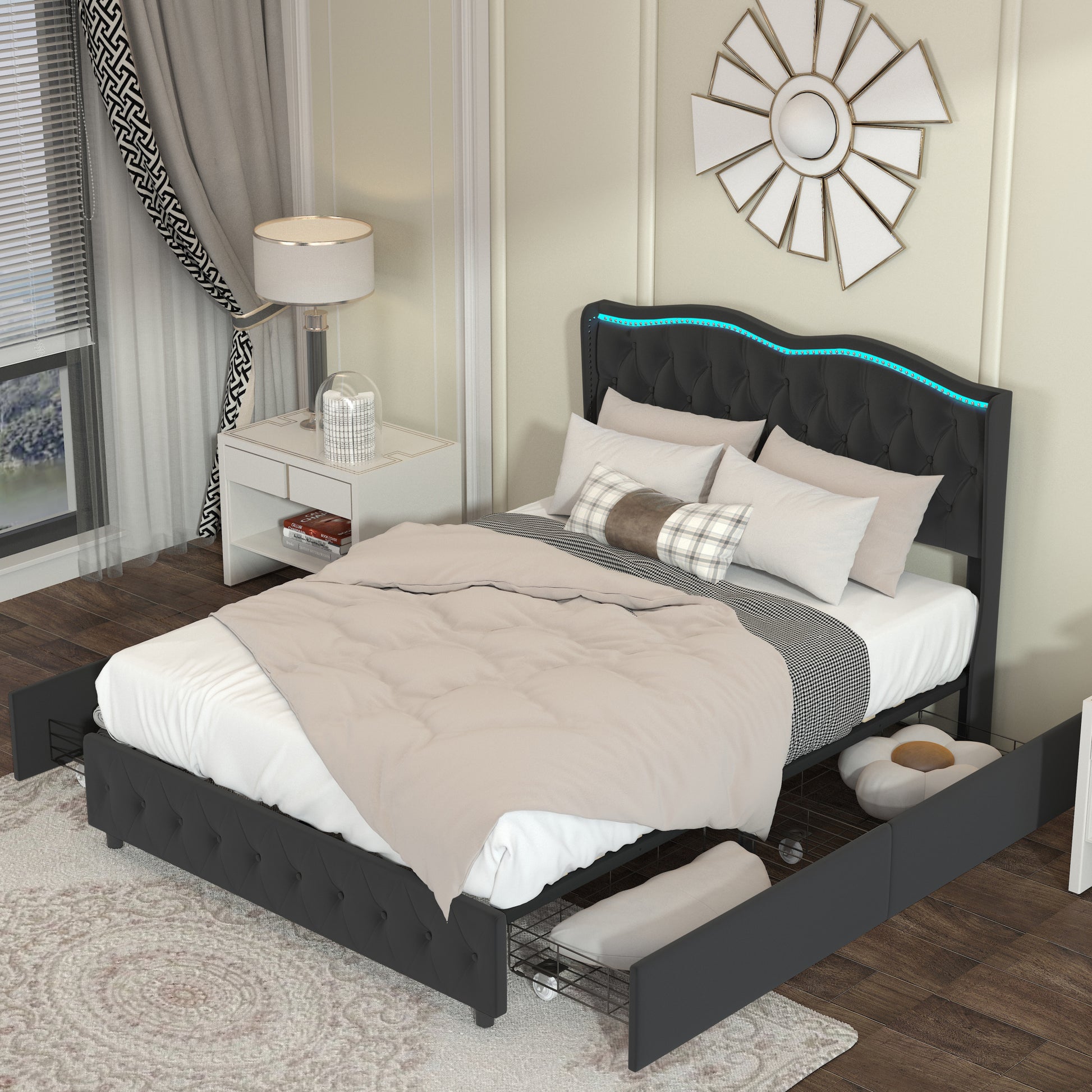 Queen Platform Bed Framevelvet Upholstered Bed With Deep Tufted Buttons And Trim, Adjustable Colorful Led Light Decorative Headboard, Bed Sides With Pull Out Storage 4 Drawers, Black Queen Black Velvet