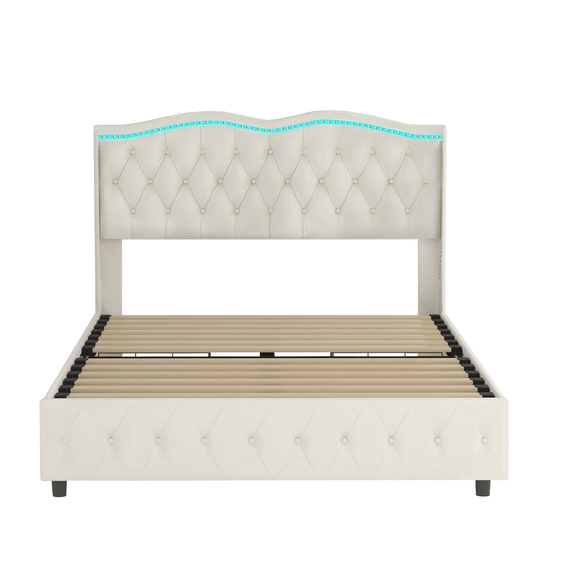Queen Platform Bed Framevelvet Upholstered Bed With Deep Tufted Buttons And Trim, Adjustable Colorful Led Light Decorative Headboard, Bed Sides With Pull Out Storage 4 Drawers, Beige Queen Beige Velvet
