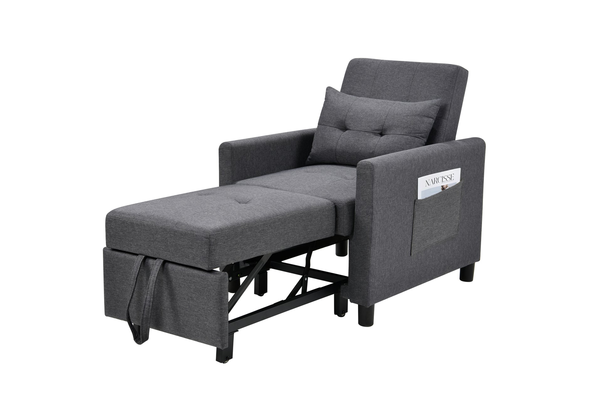 3 In 1 Convertible Futon Sofa Bed With Adjustable Backrest, Single Sofa Bed With Pull Out Sleeper, Convertible Futon Chair For Living Room, Side Bag And 1 Lumbar Pillow,Dark Gray Dark Gray Linen Wood Fabric 1 Seat