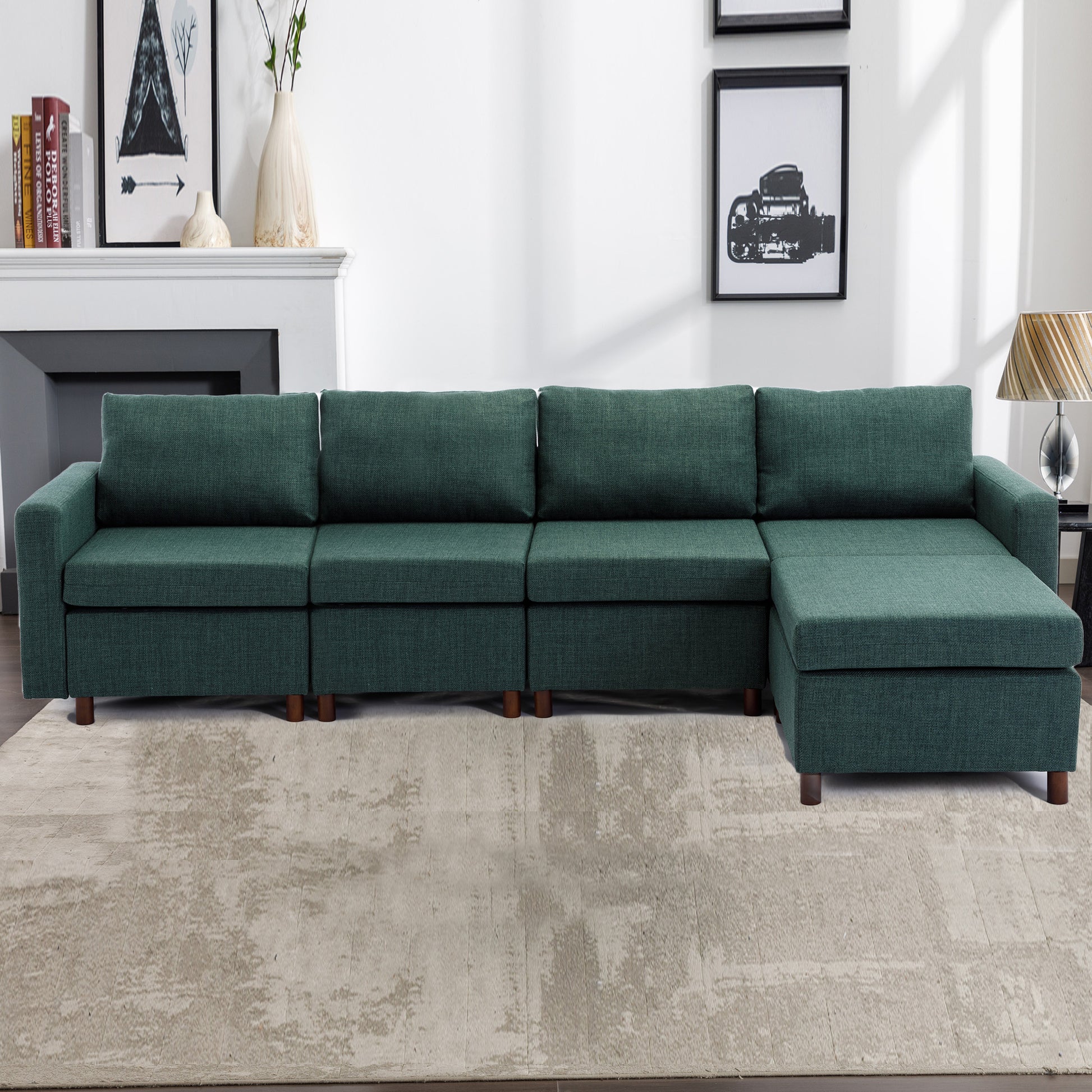 4 Seat Module Sectional Sofa Couch With 1 Ottoman For Living Room,Seat Cushion And Back Cushion Non Removable And Non Washable,Green Green Wood Primary Living Space Soft Modern Rubberwood Foam Linen 4 Seat