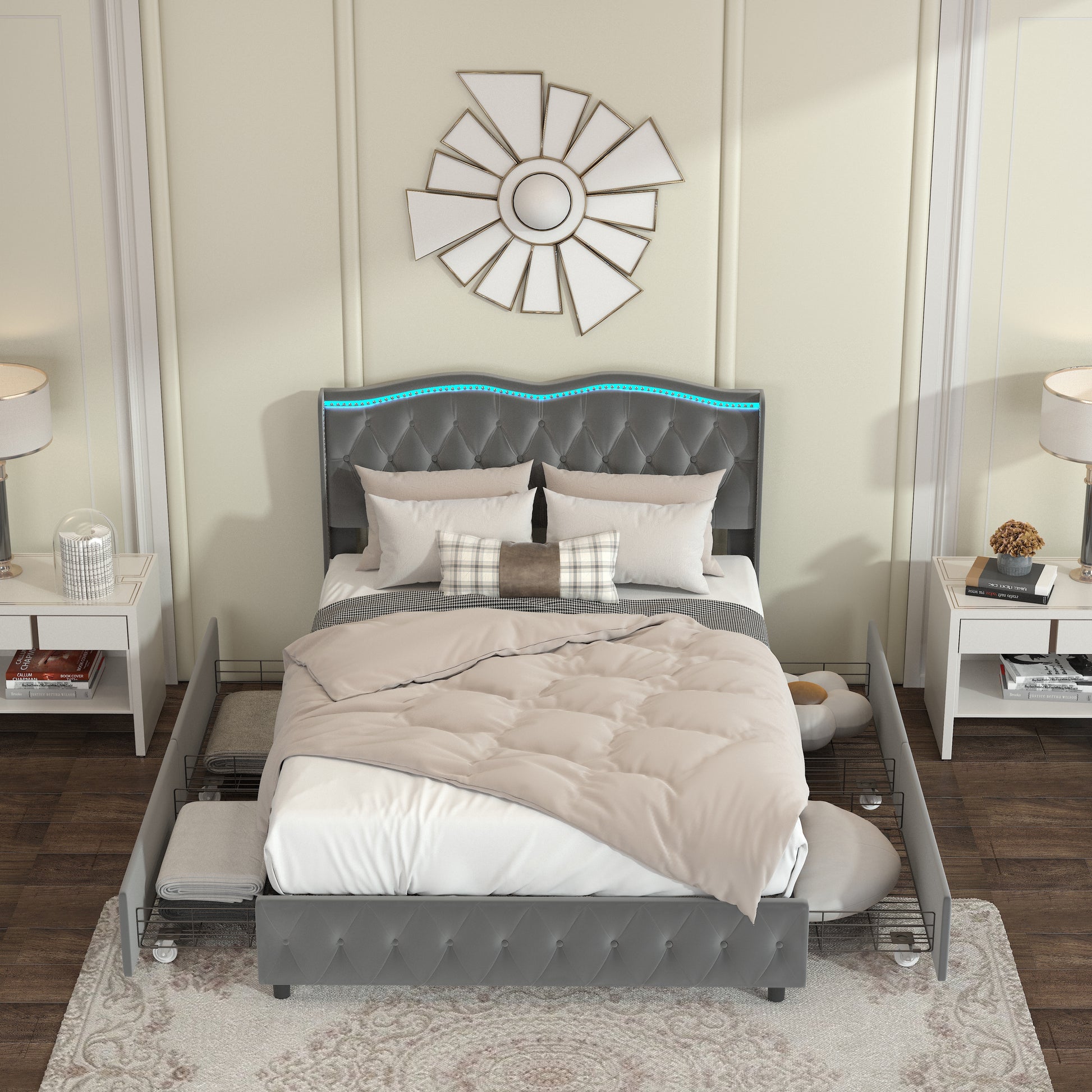 Queen Platform Bed Framevelvet Upholstered Bed With Deep Tufted Buttons And Trim, Adjustable Colorful Led Light Decorative Headboard, Bed Sides With Pull Out Storage 4 Drawers, Grey Queen Grey Velvet