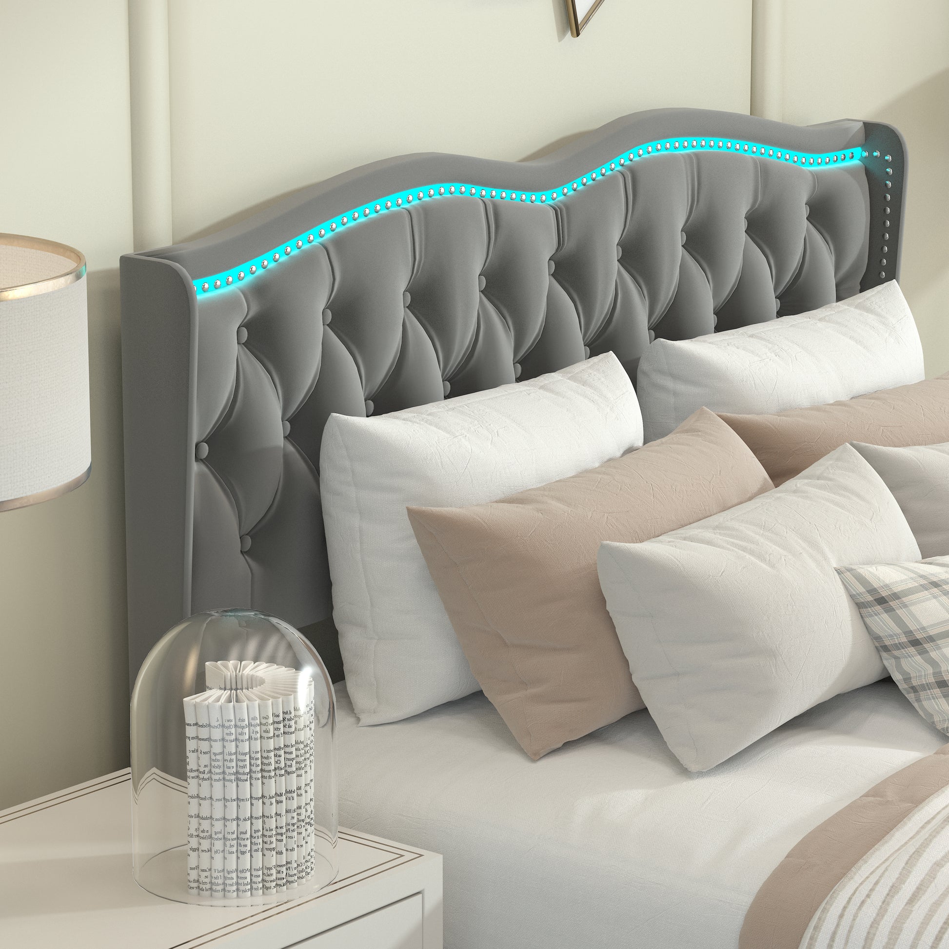 Queen Platform Bed Framevelvet Upholstered Bed With Deep Tufted Buttons And Trim, Adjustable Colorful Led Light Decorative Headboard, Bed Sides With Pull Out Storage 4 Drawers, Grey Queen Grey Velvet