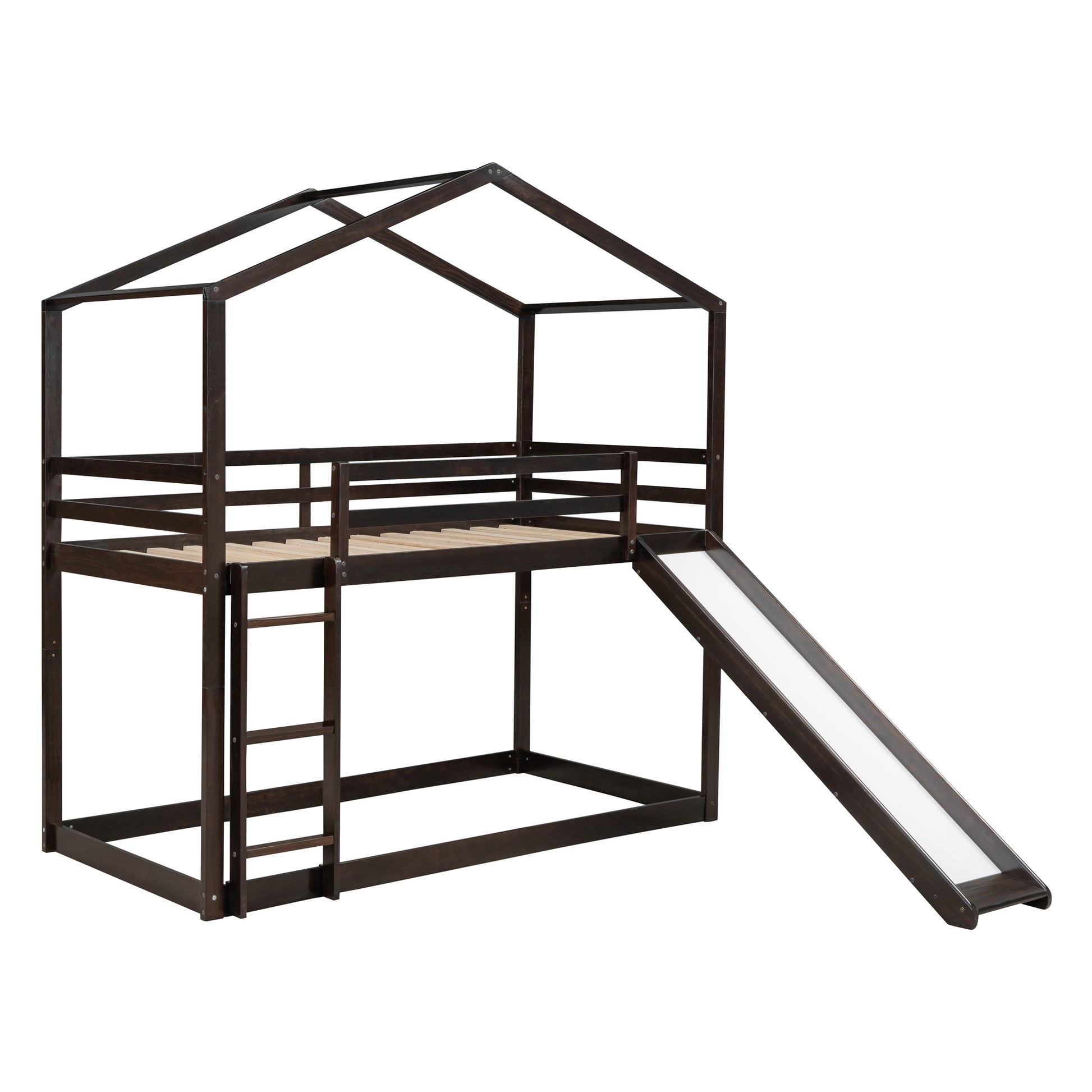 Twin Over Twin Bunk Bed With Roof, Slide And Ladder, Espresso Twin Espresso Solid Wood