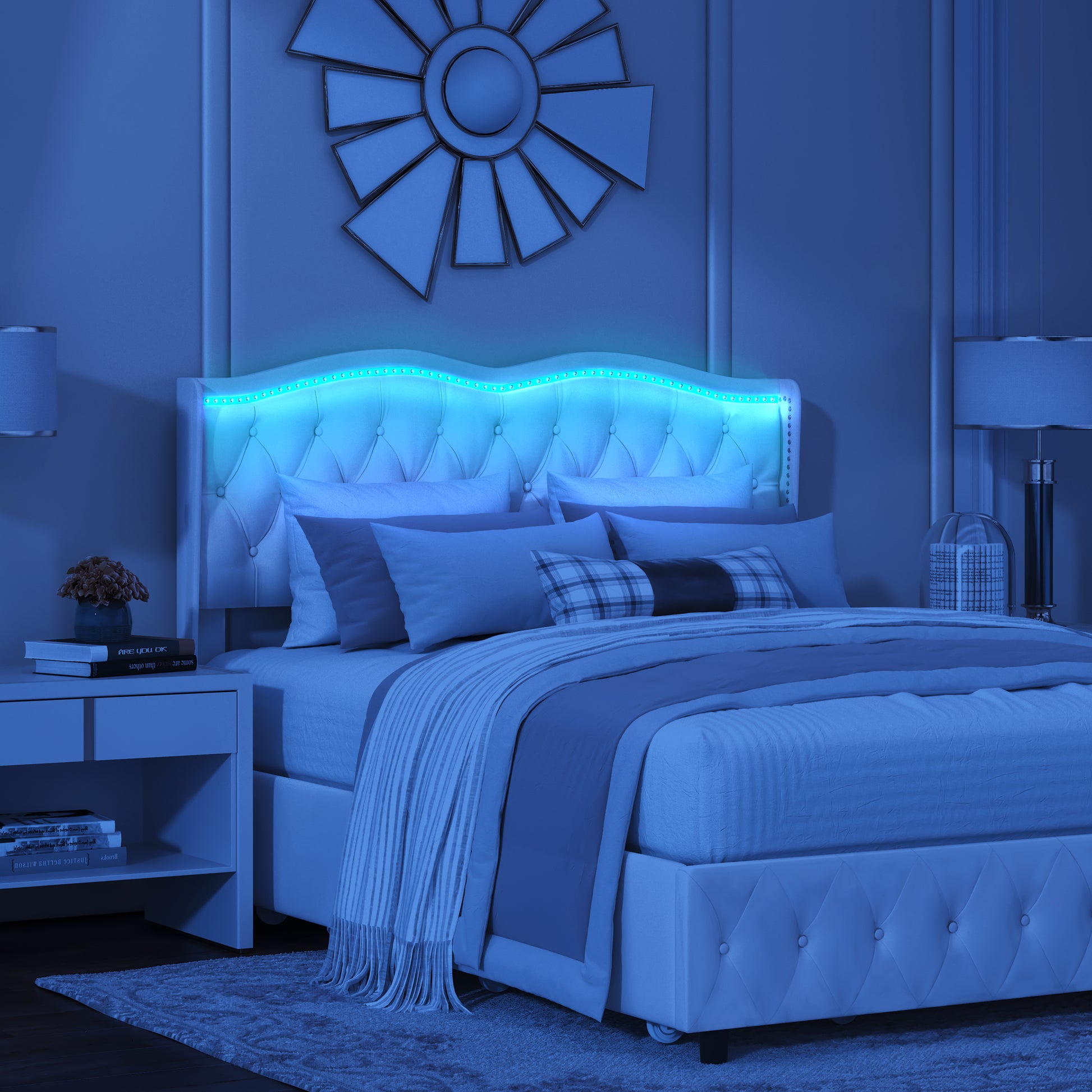 Queen Platform Bed Framevelvet Upholstered Bed With Deep Tufted Buttons And Trim, Adjustable Colorful Led Light Decorative Headboard, Bed Sides With Pull Out Storage 4 Drawers, Black Queen Black Velvet