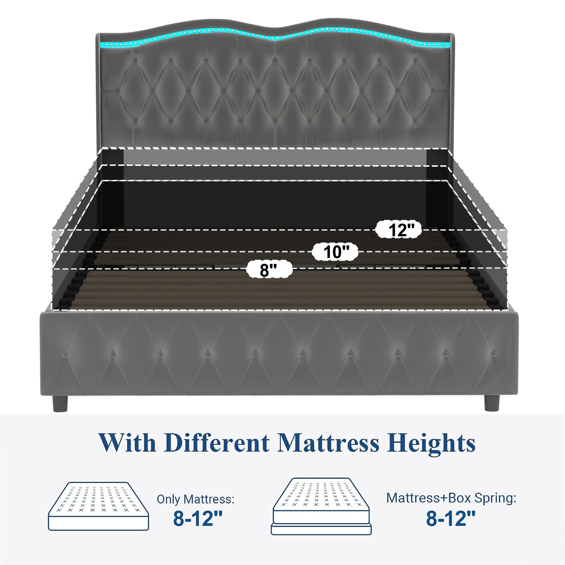 Queen Platform Bed Framevelvet Upholstered Bed With Deep Tufted Buttons And Trim, Adjustable Colorful Led Light Decorative Headboard, Bed Sides With Pull Out Storage 4 Drawers, Grey Queen Grey Velvet