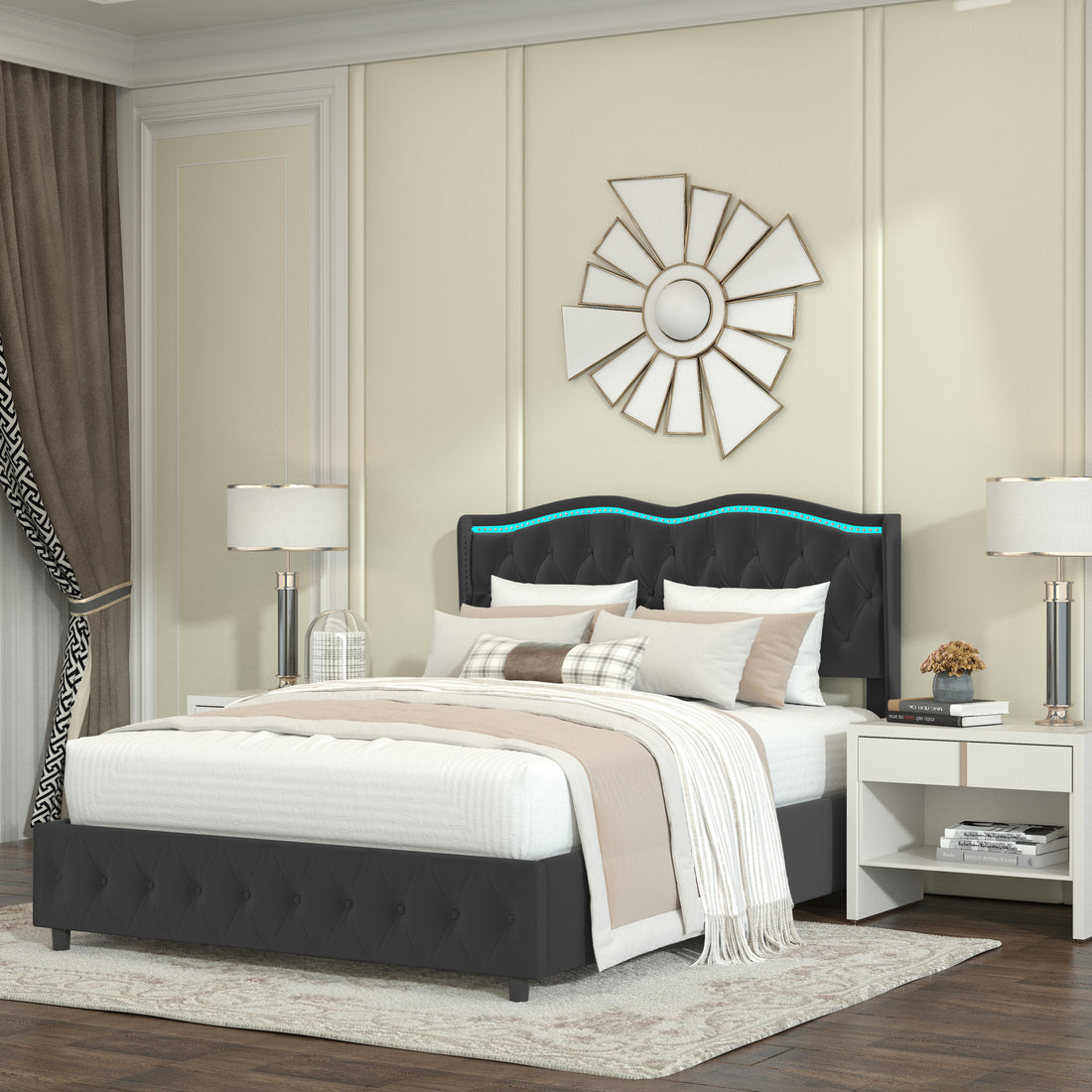 Queen Platform Bed Framevelvet Upholstered Bed With Deep Tufted Buttons And Trim, Adjustable Colorful Led Light Decorative Headboard, Bed Sides With Pull Out Storage 4 Drawers, Black Queen Black Velvet
