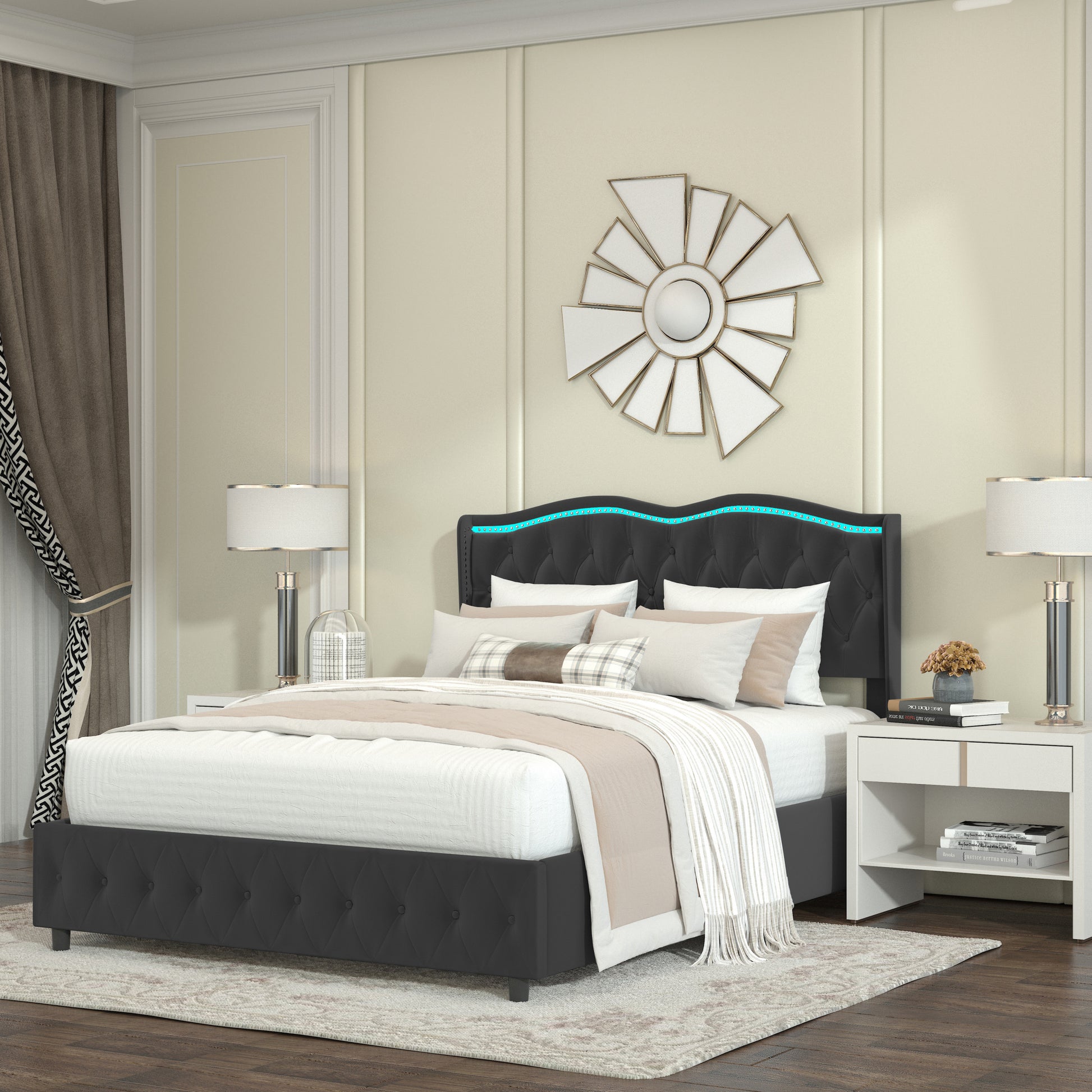 Queen Platform Bed Framevelvet Upholstered Bed With Deep Tufted Buttons And Trim, Adjustable Colorful Led Light Decorative Headboard, Bed Sides With Pull Out Storage 4 Drawers, Black Queen Black Velvet