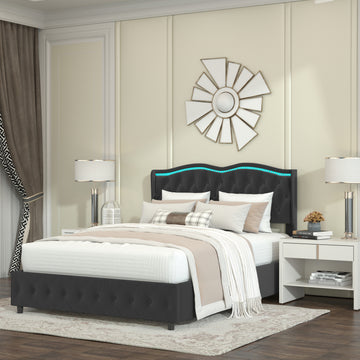 Queen Platform Bed Framevelvet Upholstered Bed With Deep Tufted Buttons And Trim, Adjustable Colorful Led Light Decorative Headboard, Bed Sides With Pull Out Storage 4 Drawers, Black Queen Black Velvet