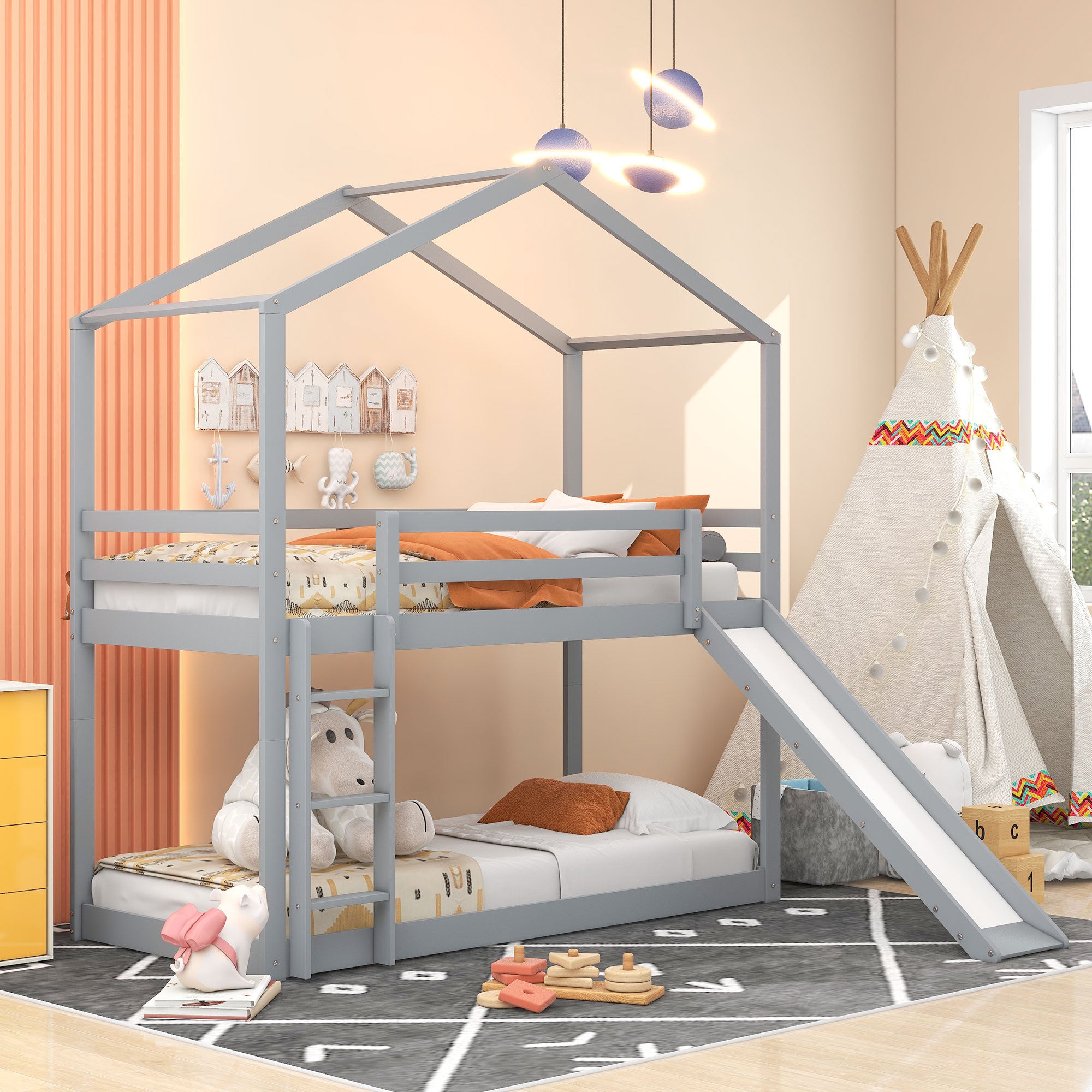 Twin Over Twin Bunk Bed With Roof, Slide And Ladder, Gray Twin Gray Solid Wood