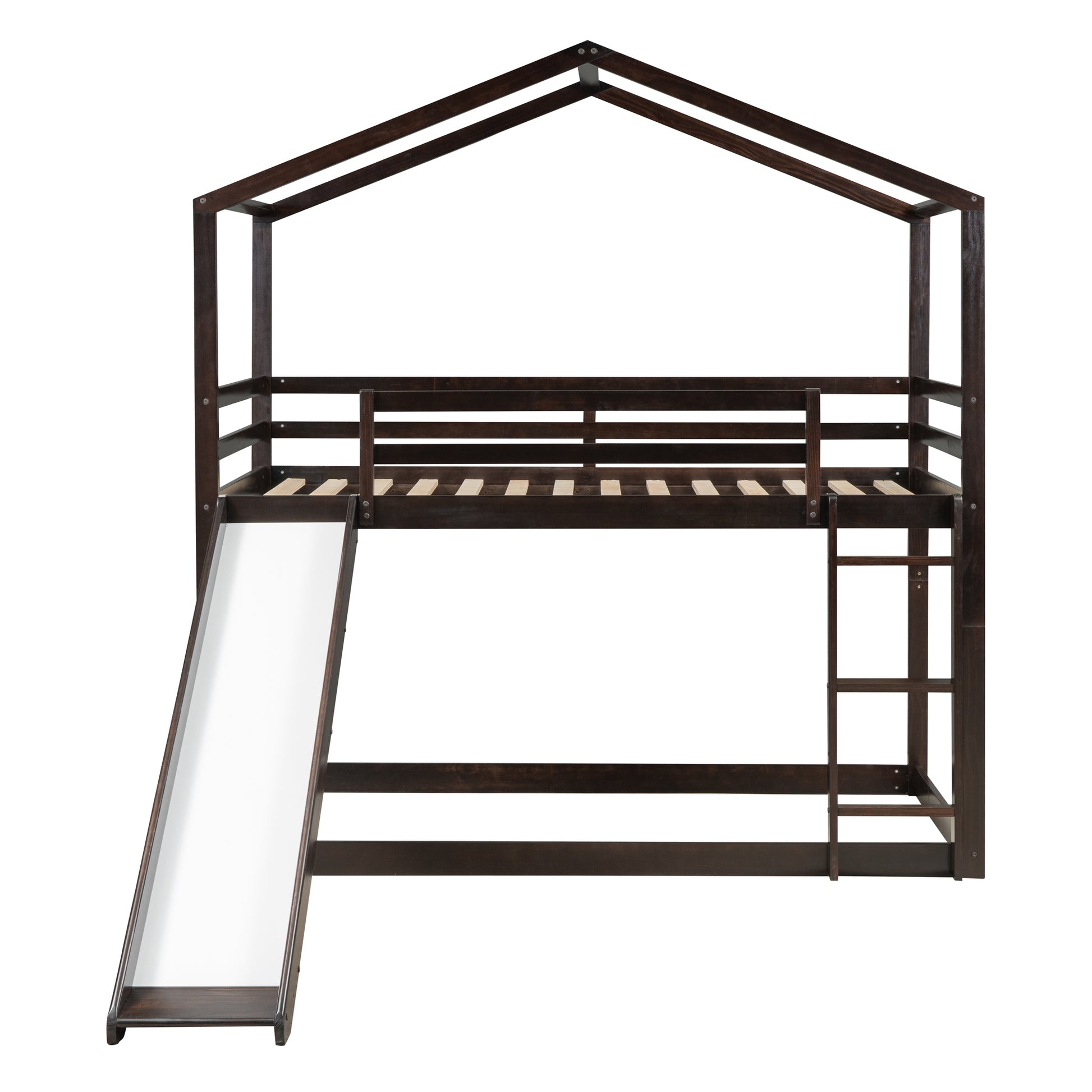 Twin Over Twin Bunk Bed With Roof, Slide And Ladder, Espresso Twin Espresso Solid Wood