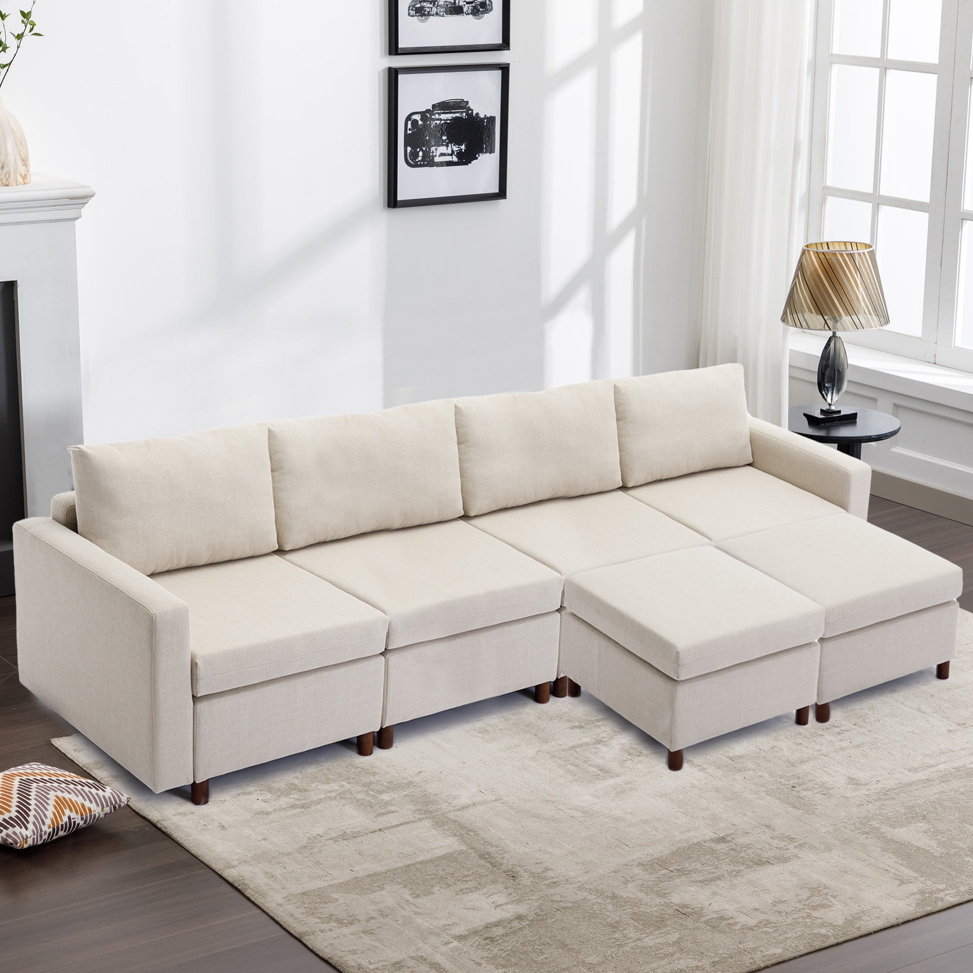 4 Seat Module Sectional Sofa Couch With 2 Ottoman For Living Room,Seat Cushion And Back Cushion Non Removable And Non Washable,Cream Cream Wood Primary Living Space Soft Modern Rubberwood Foam Linen 4 Seat