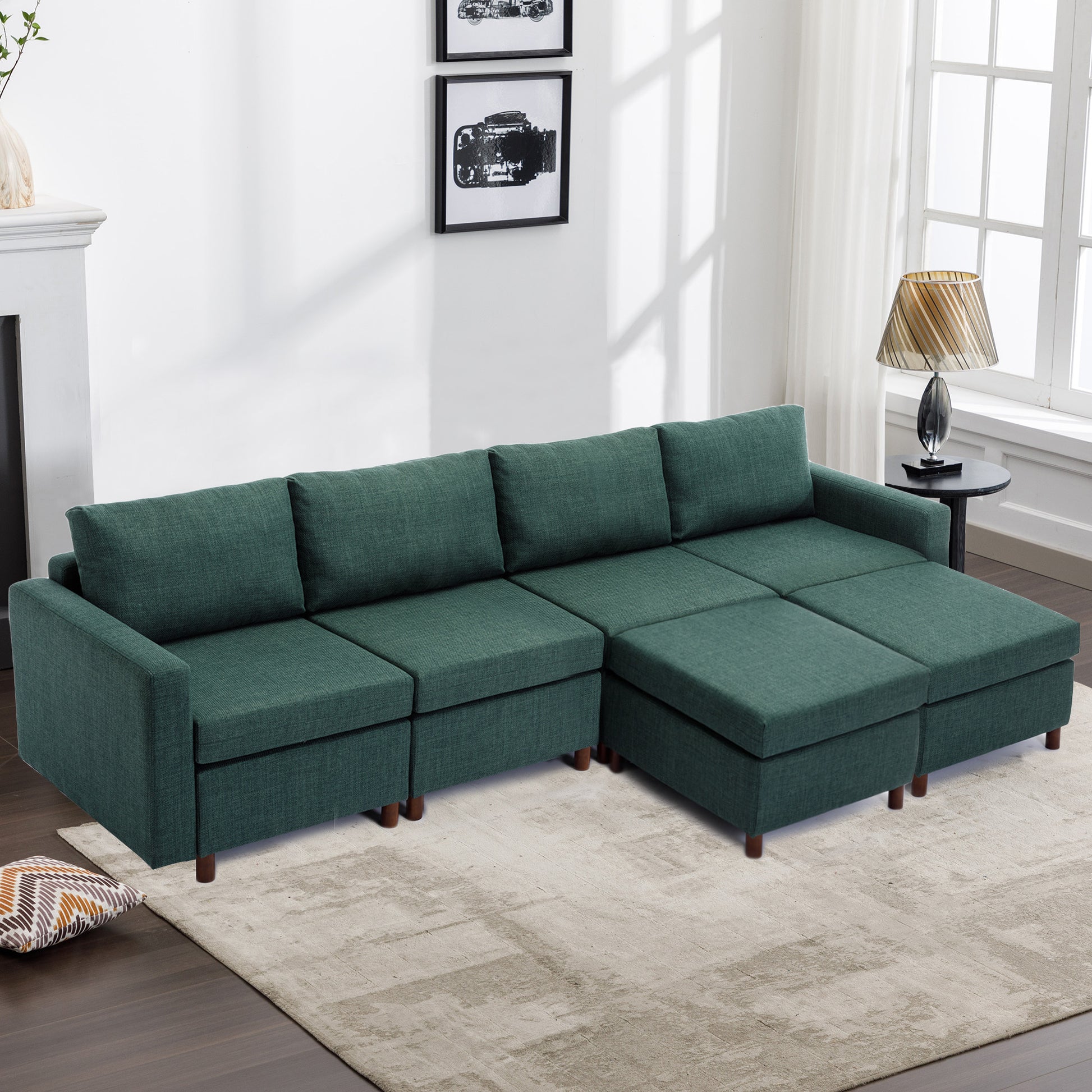 4 Seat Module Sectional Sofa Couch With 2 Ottoman For Living Room,Seat Cushion And Back Cushion Non Removable And Non Washable,Green Green Wood Primary Living Space Soft Modern Rubberwood Foam Linen 4 Seat