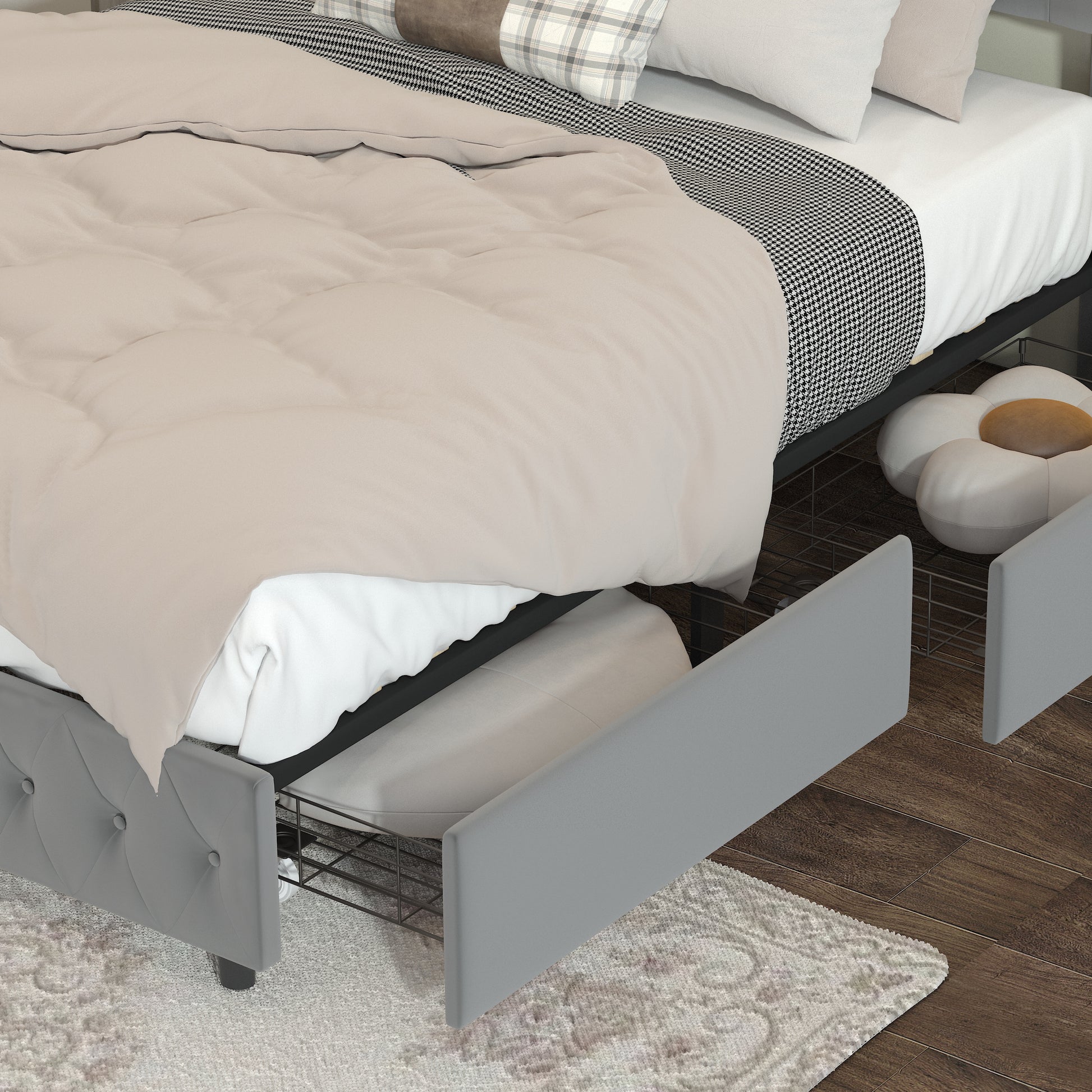 Queen Platform Bed Framevelvet Upholstered Bed With Deep Tufted Buttons And Trim, Adjustable Colorful Led Light Decorative Headboard, Bed Sides With Pull Out Storage 4 Drawers, Grey Queen Grey Velvet