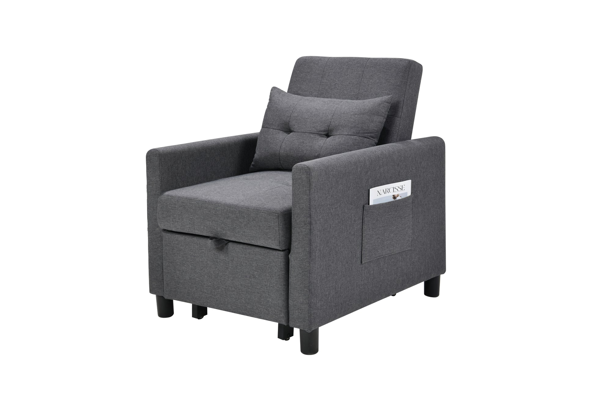 3 In 1 Convertible Futon Sofa Bed With Adjustable Backrest, Single Sofa Bed With Pull Out Sleeper, Convertible Futon Chair For Living Room, Side Bag And 1 Lumbar Pillow,Dark Gray Dark Gray Linen Wood Fabric 1 Seat