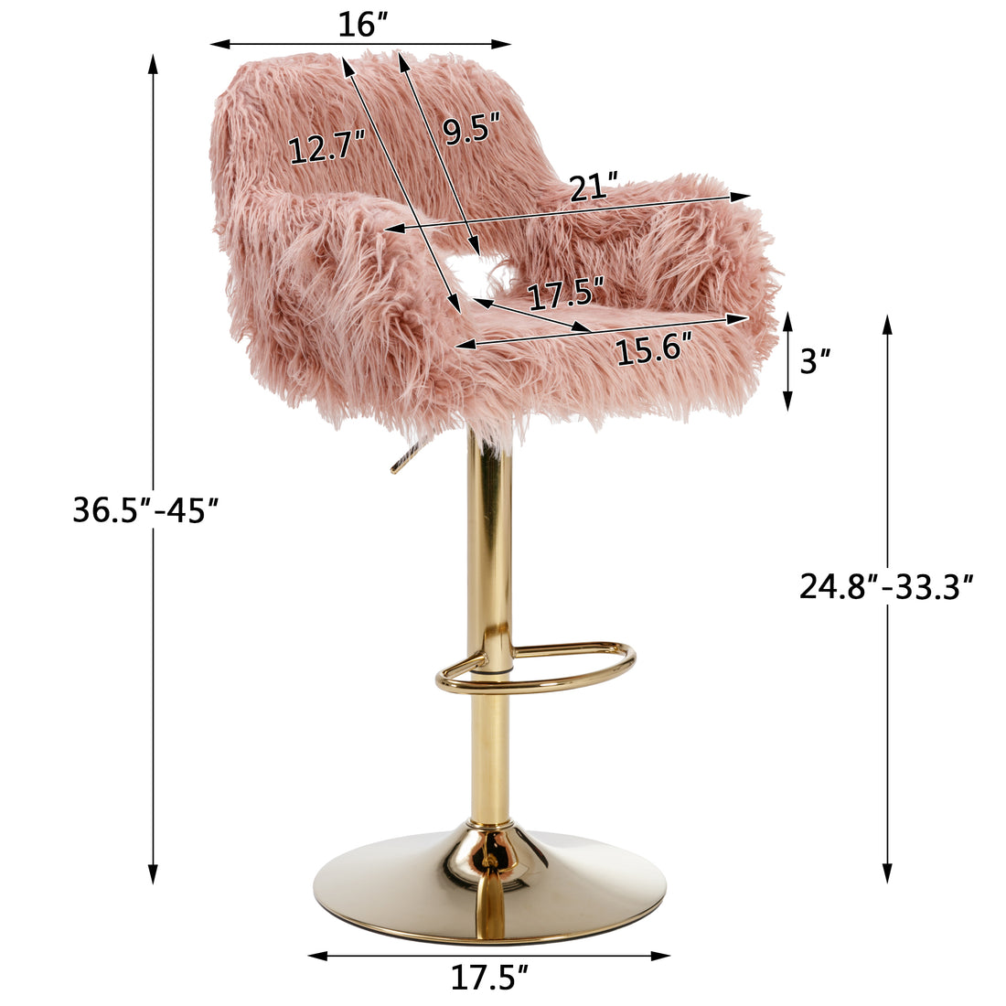 Hengming Bar Stool 2 Piece Set, Hollowed Out Braces Handrail, Height Adjustable, Suitable For Living Room, Study, Bar, Cafe Pink Faux Fur