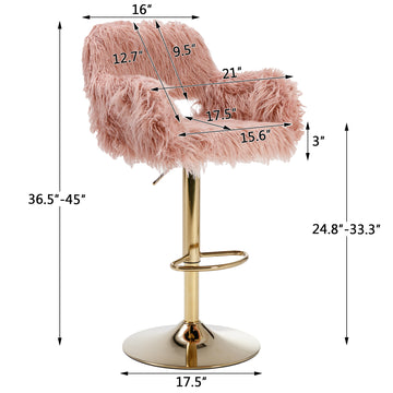 Hengming Bar Stool 2 Piece Set, Hollowed Out Braces Handrail, Height Adjustable, Suitable For Living Room, Study, Bar, Cafe Pink Faux Fur