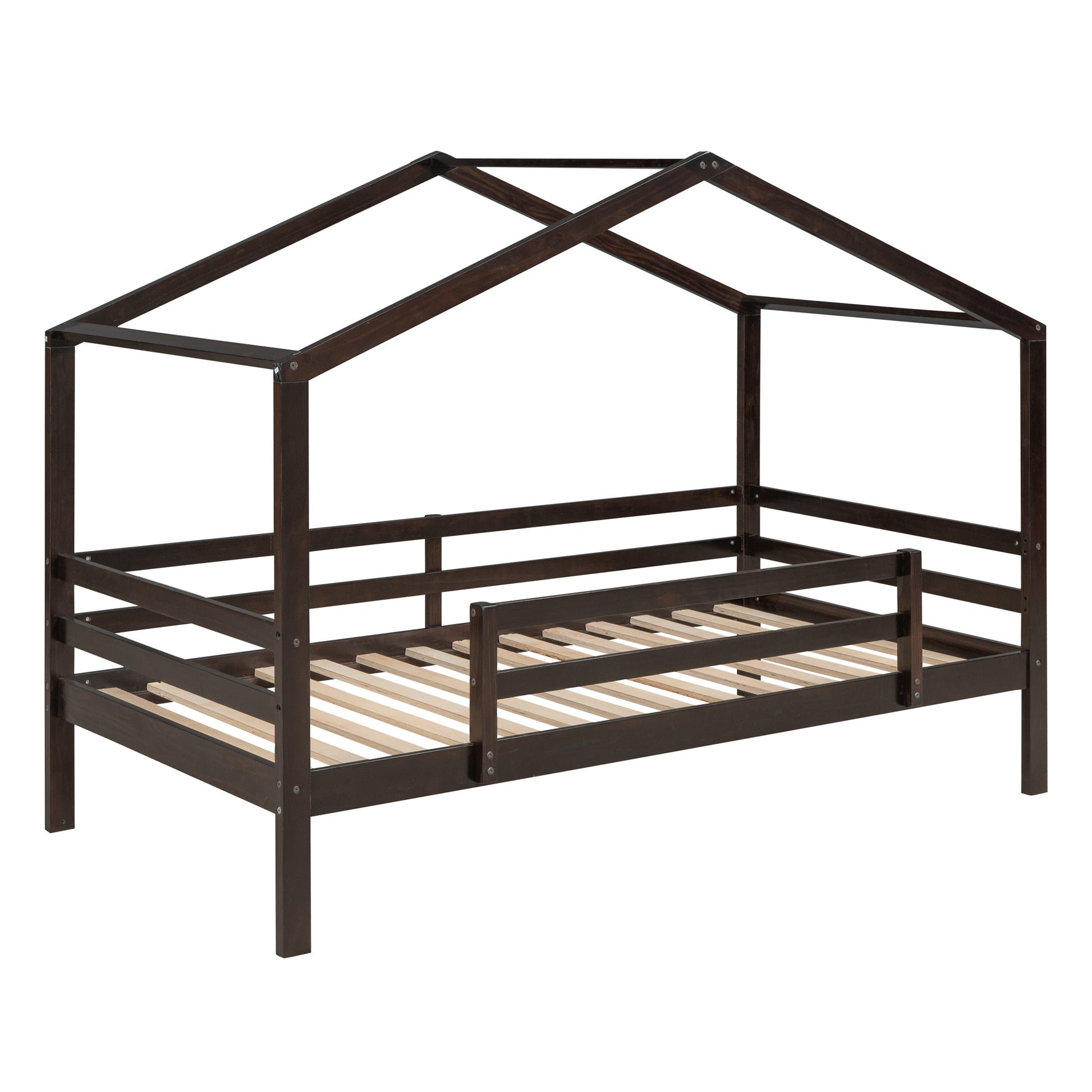 Twin Over Twin Bunk Bed With Roof, Slide And Ladder, Espresso Twin Espresso Solid Wood