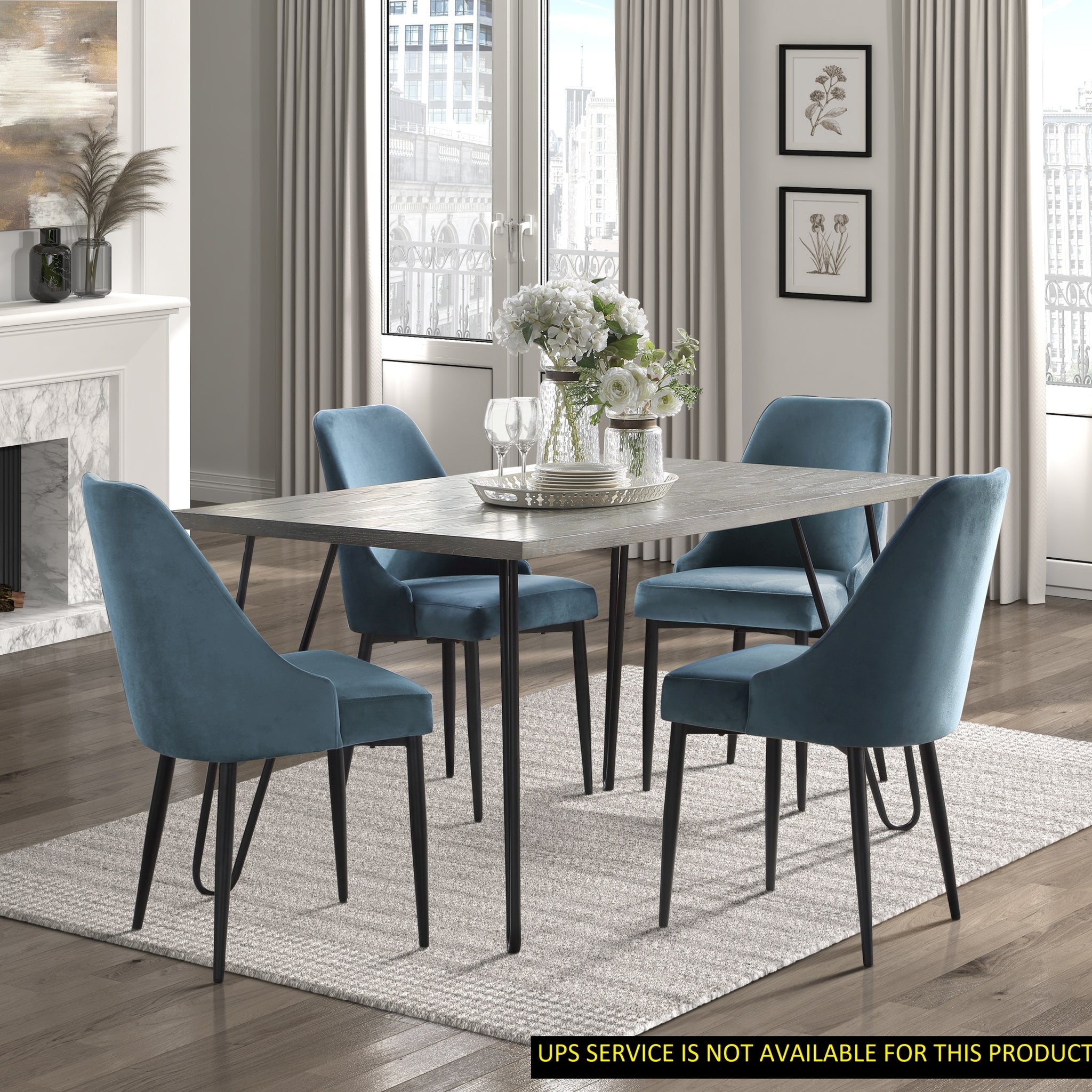 Modern Sleek Design 5Pc Dining Set Table And 4X Side Chairs Blue Velvet Casual Metal Frame Stylish Dining Furniture Wood Blue Dining Room 60 Inches Casual,Modern Rectangular Dining Table With Chair Metal