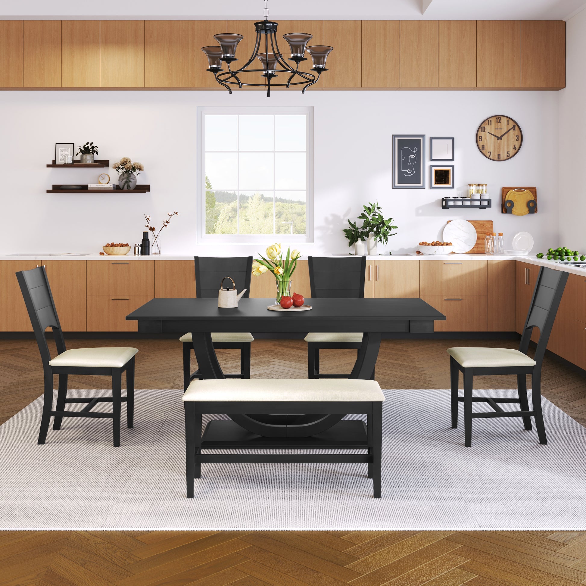 6 Piece Wood Half Round Dining Table Set Kitchen Table Set With Long Bench And 4 Dining Chairs, Modern Style, Gray Gray Wood Dining Room Bench Seating Rubberwood Rectangular Dining Table With Chair And Bench Upholstered Chair Wood Gray Solid Back Seats 6