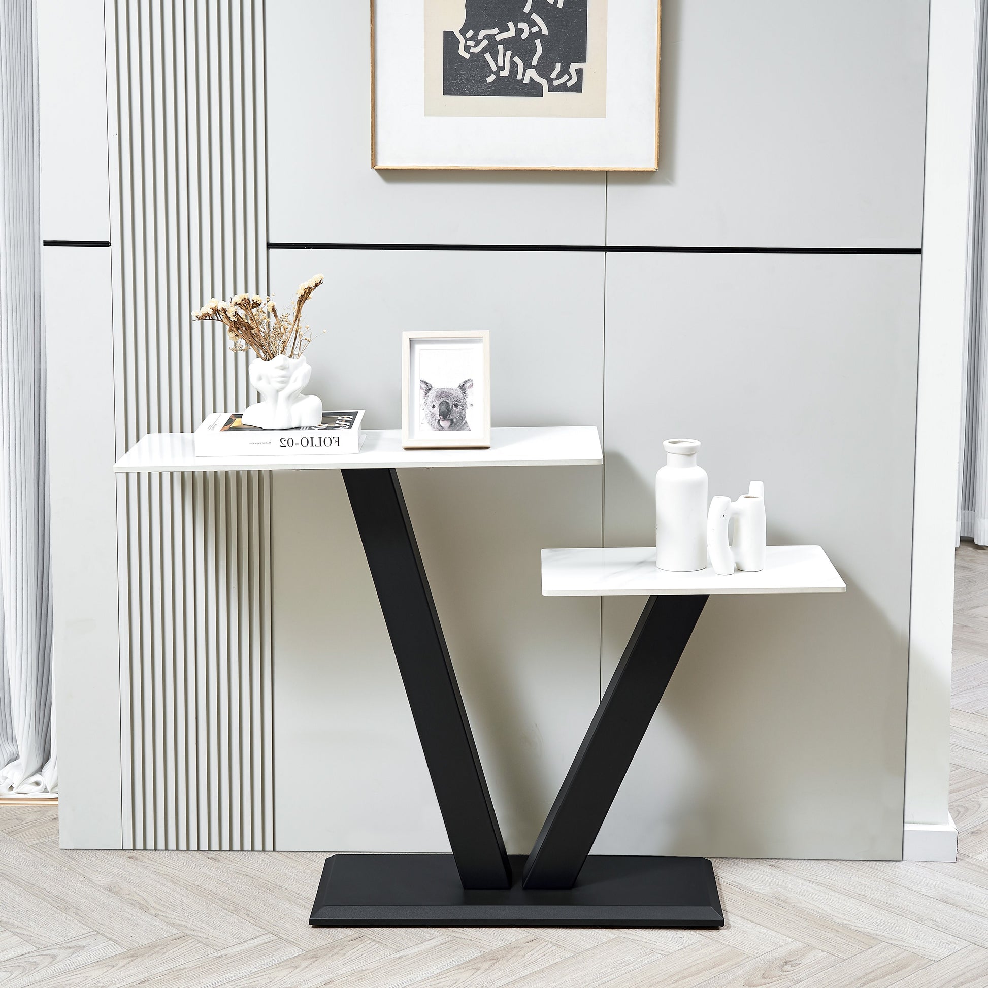 47.2"Modern Console Table, Exquisite Shape Design, Metal Frame With Adjustable Foot Pads For Entrance, Corridor, Living Room & Office. Black Black Metal & Wood Metal & Wood