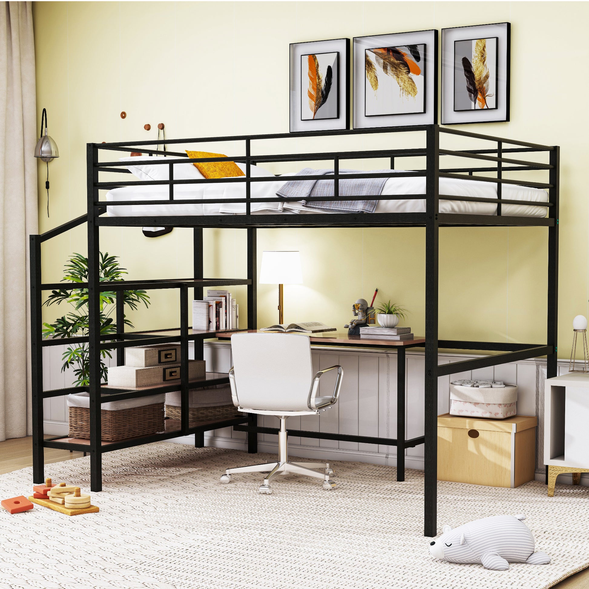 Full Size Metal Loft Bed With Desk And Lateral Storage Ladder, Black Black Metal