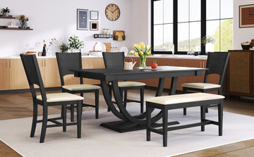 6 Piece Wood Half Round Dining Table Set Kitchen Table Set With Long Bench And 4 Dining Chairs, Modern Style, Gray Gray Wood Dining Room Bench Seating Rubberwood Rectangular Dining Table With Chair And Bench Upholstered Chair Wood Gray Solid Back Seats 6