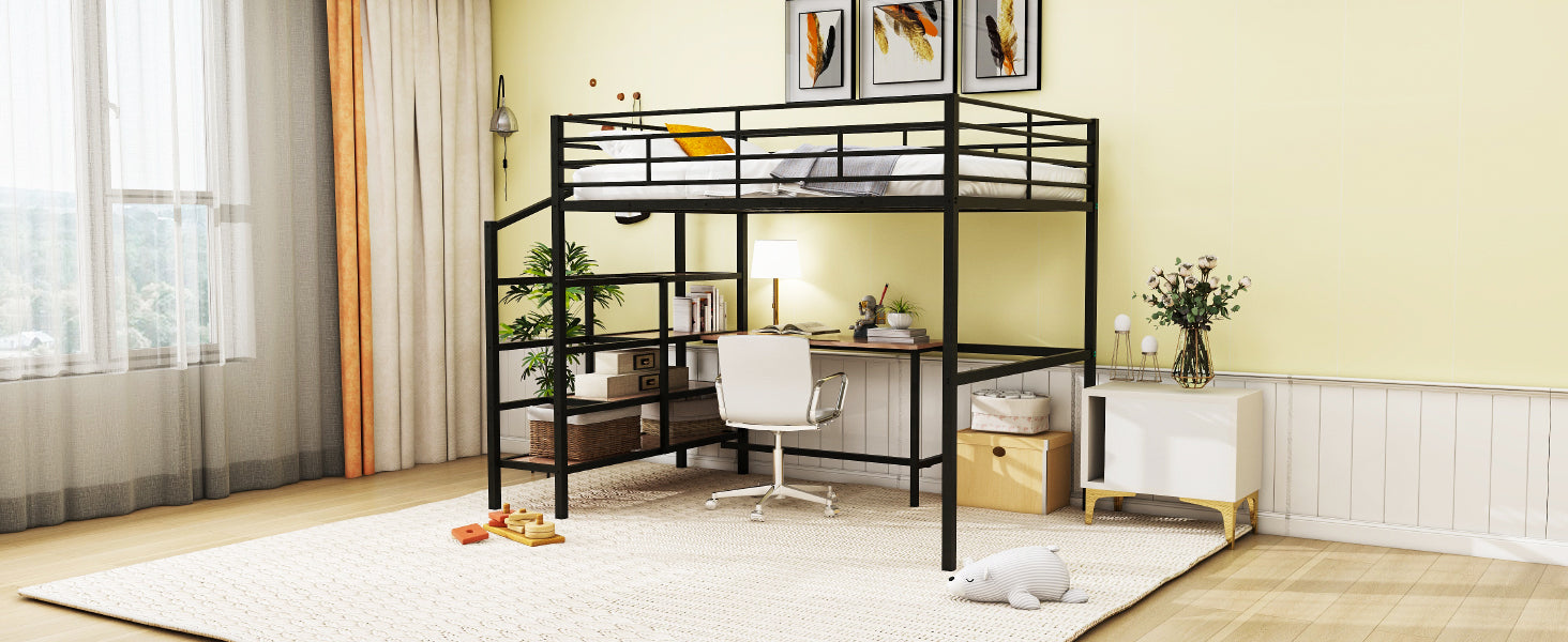 Full Size Metal Loft Bed With Desk And Lateral Storage Ladder, Black Black Metal