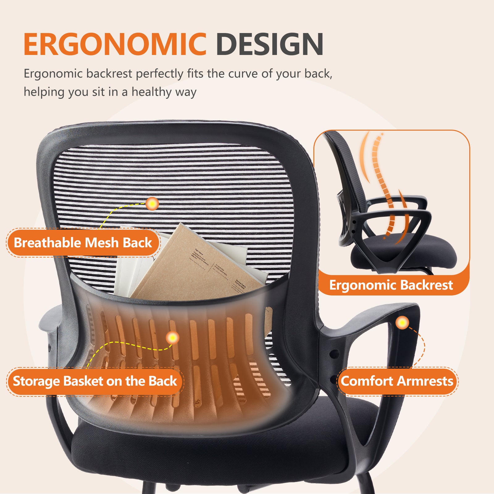 Mid Back Task Chair With Lumbar Support,Black L,Two Black Abs Pc