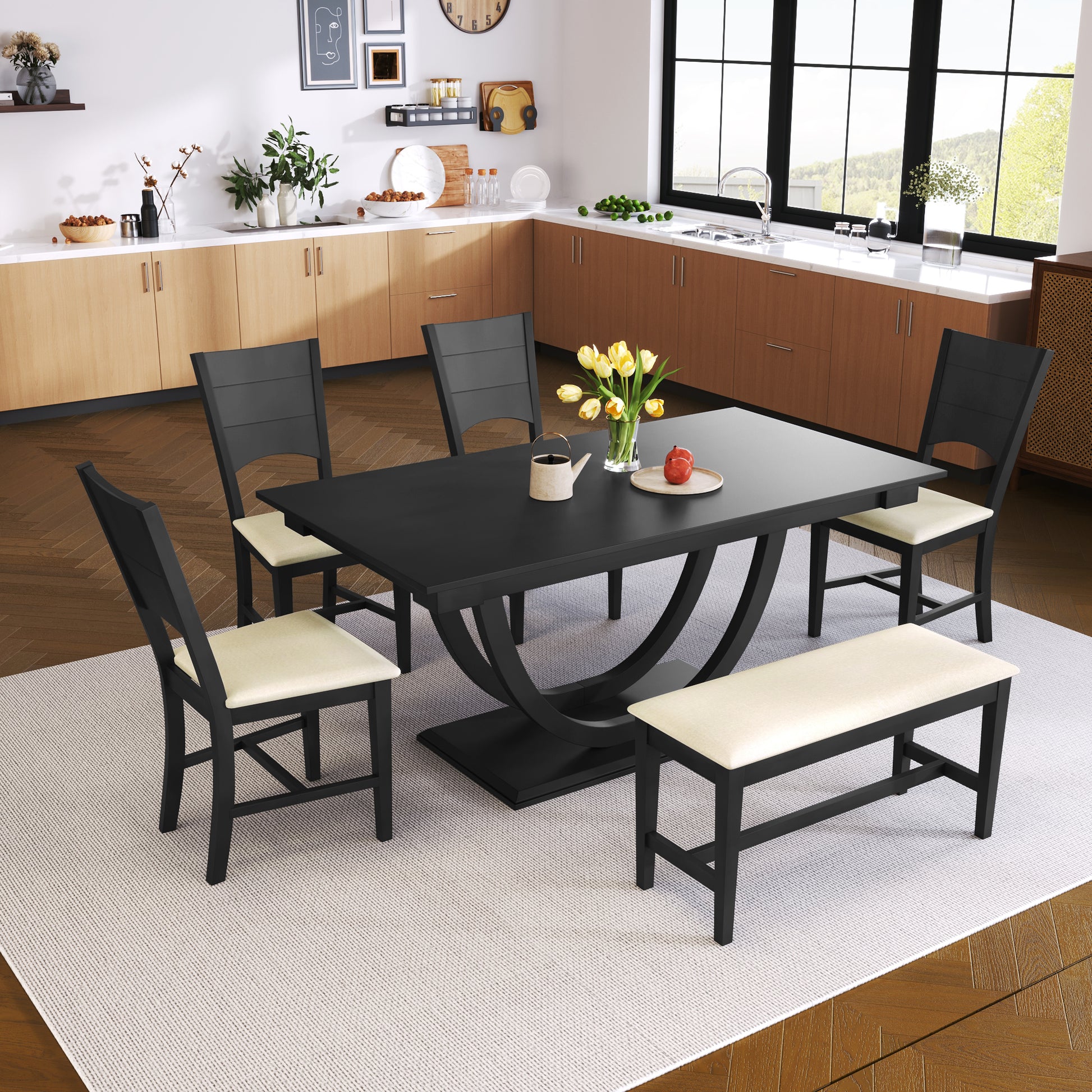 6 Piece Wood Half Round Dining Table Set Kitchen Table Set With Long Bench And 4 Dining Chairs, Modern Style, Gray Gray Wood Dining Room Bench Seating Rubberwood Rectangular Dining Table With Chair And Bench Upholstered Chair Wood Gray Solid Back Seats 6