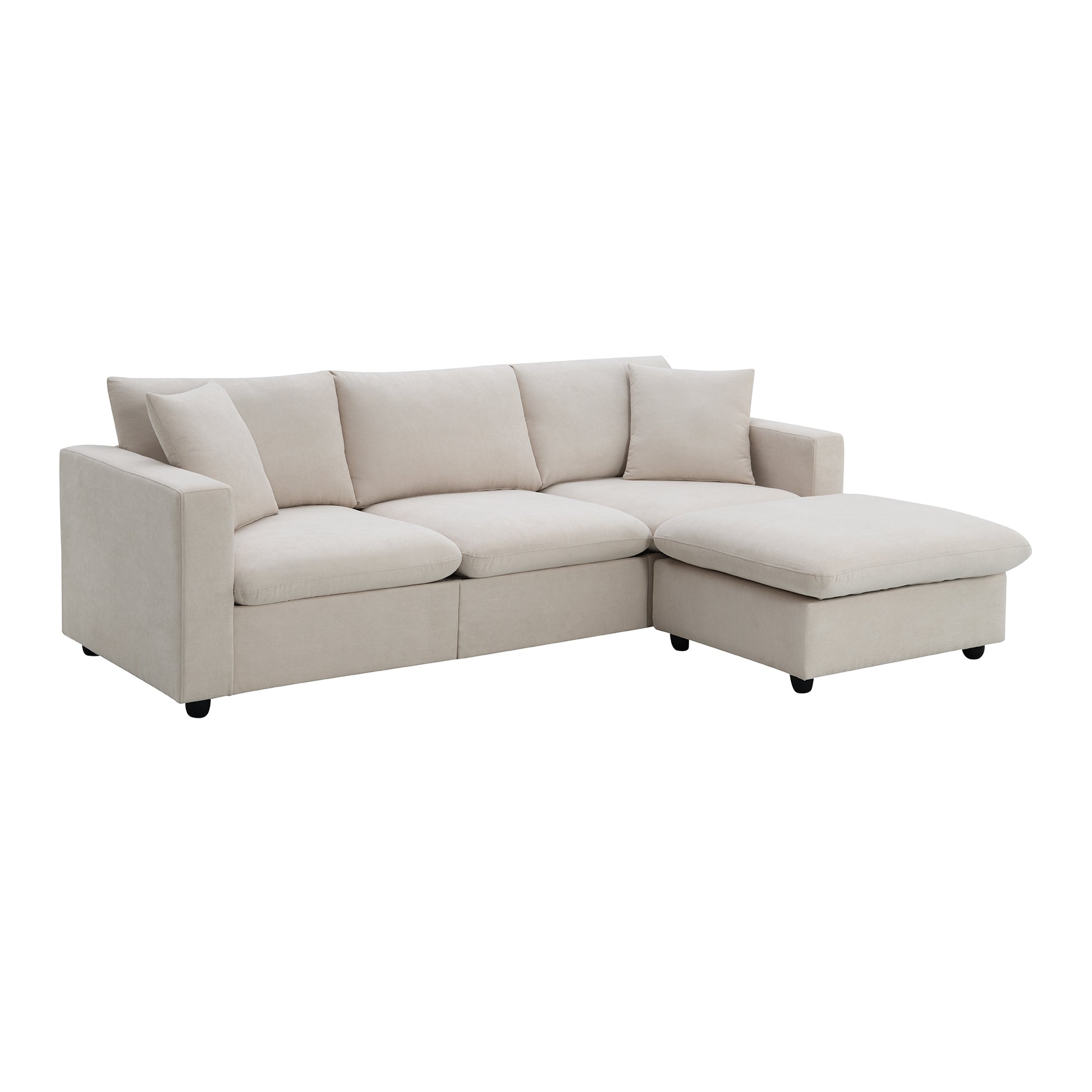 Video 101*66" Modern Sectional Sofa With Throw Pillows,Cloud L Shaped Couch Set With Wide Seat,4 Seat Polyester Comfy Fabric Couch Set With Movable Ottoman For Living Room, Apartment, Office,4