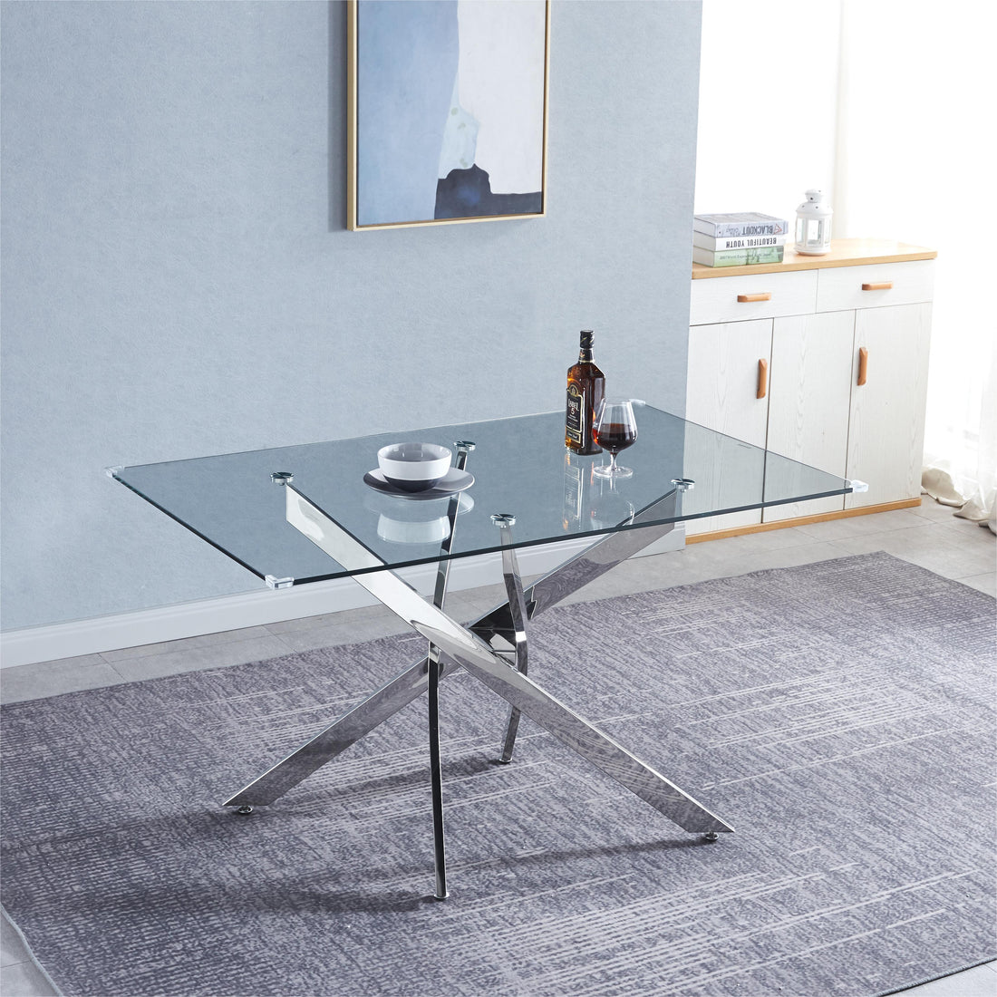 Modern Glass Table For Dining Room Kitchen, 0.39" Thick Tempered Glass Top, Chrome Stainless Steel Base Silver Glass