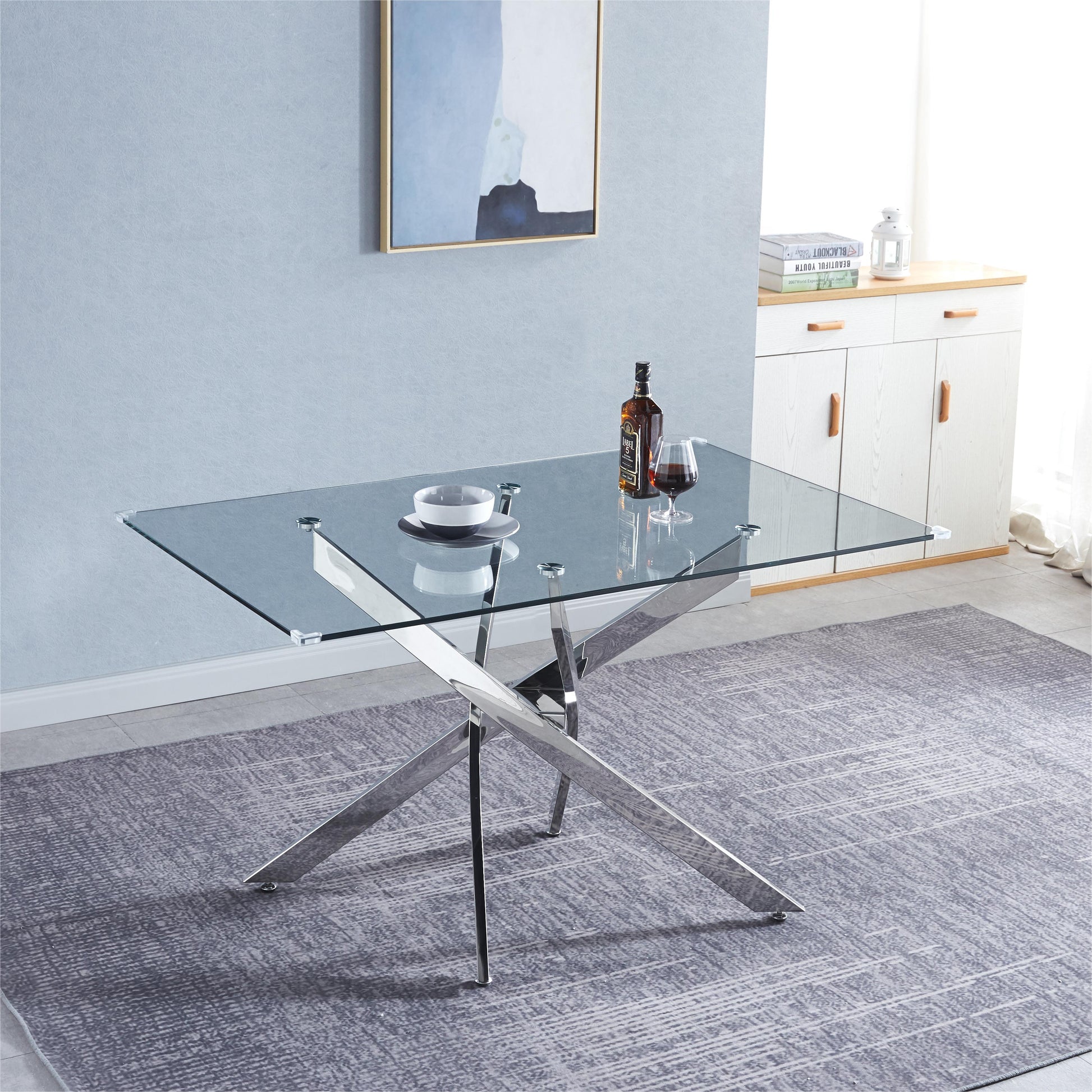 Modern Glass Table For Dining Room Kitchen, 0.39" Thick Tempered Glass Top, Chrome Stainless Steel Base Silver Glass