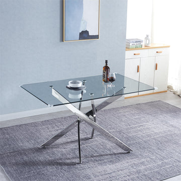 Modern Glass Table For Dining Room Kitchen, 0.39" Thick Tempered Glass Top, Chrome Stainless Steel Base Silver Glass