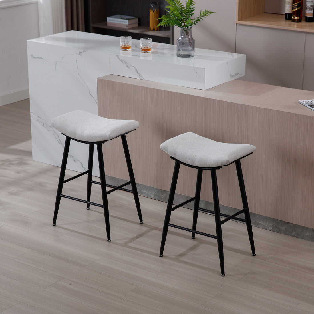Bar Stools Set Of 2 Armless Counter Low Bar Stools Without Back Modern Linen Fabric Breakfast Stools With Metal Leg And Footrest,Beige Gray Pale Blue Beige Kitchen Foam Dry Clean Modern Bar Stools Foam Linen