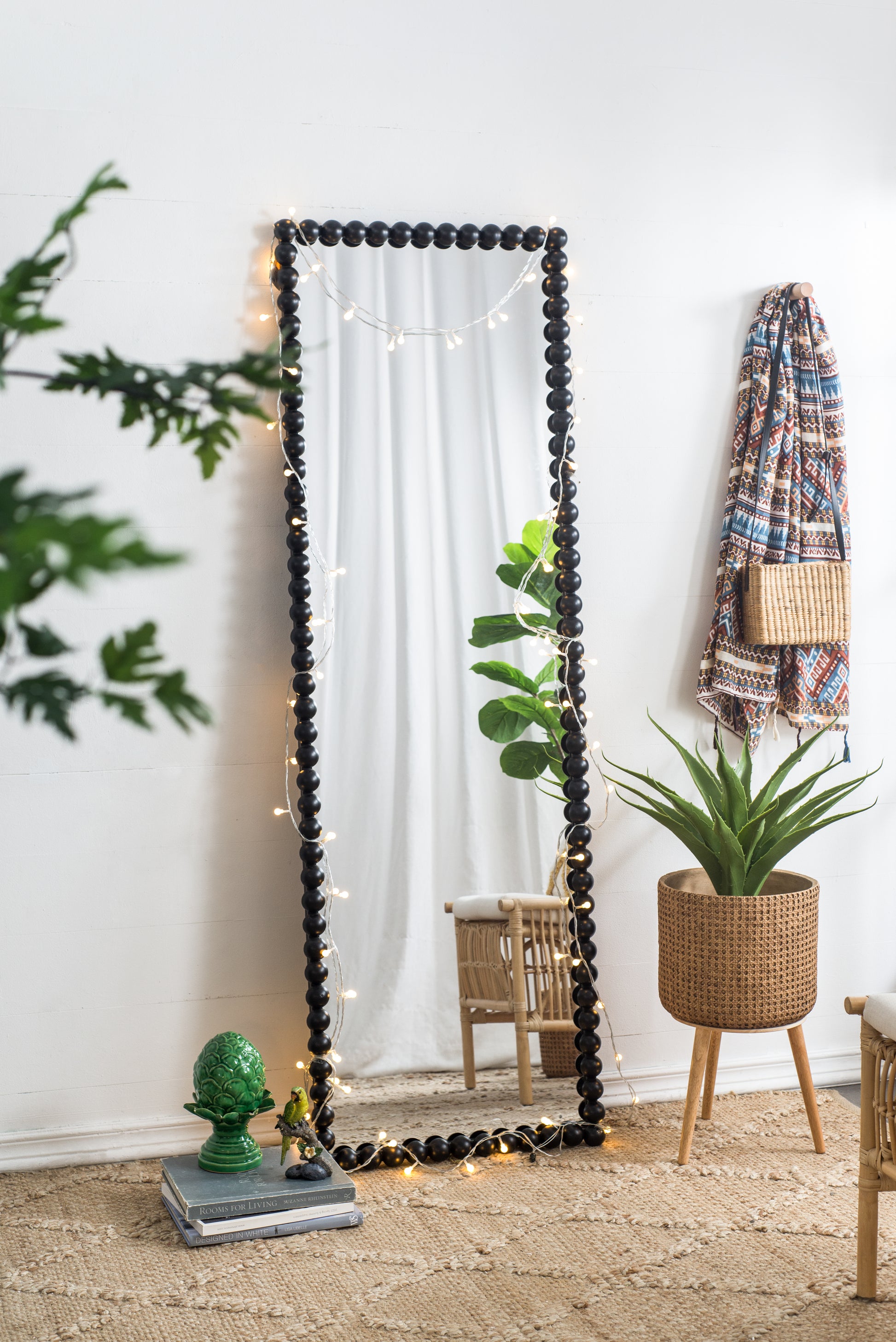 23" X 72" Full Length Mirror With Metal Beaded Frame, Rectangular Oversized Mirror For Living Room Bedroom, Black Black Iron