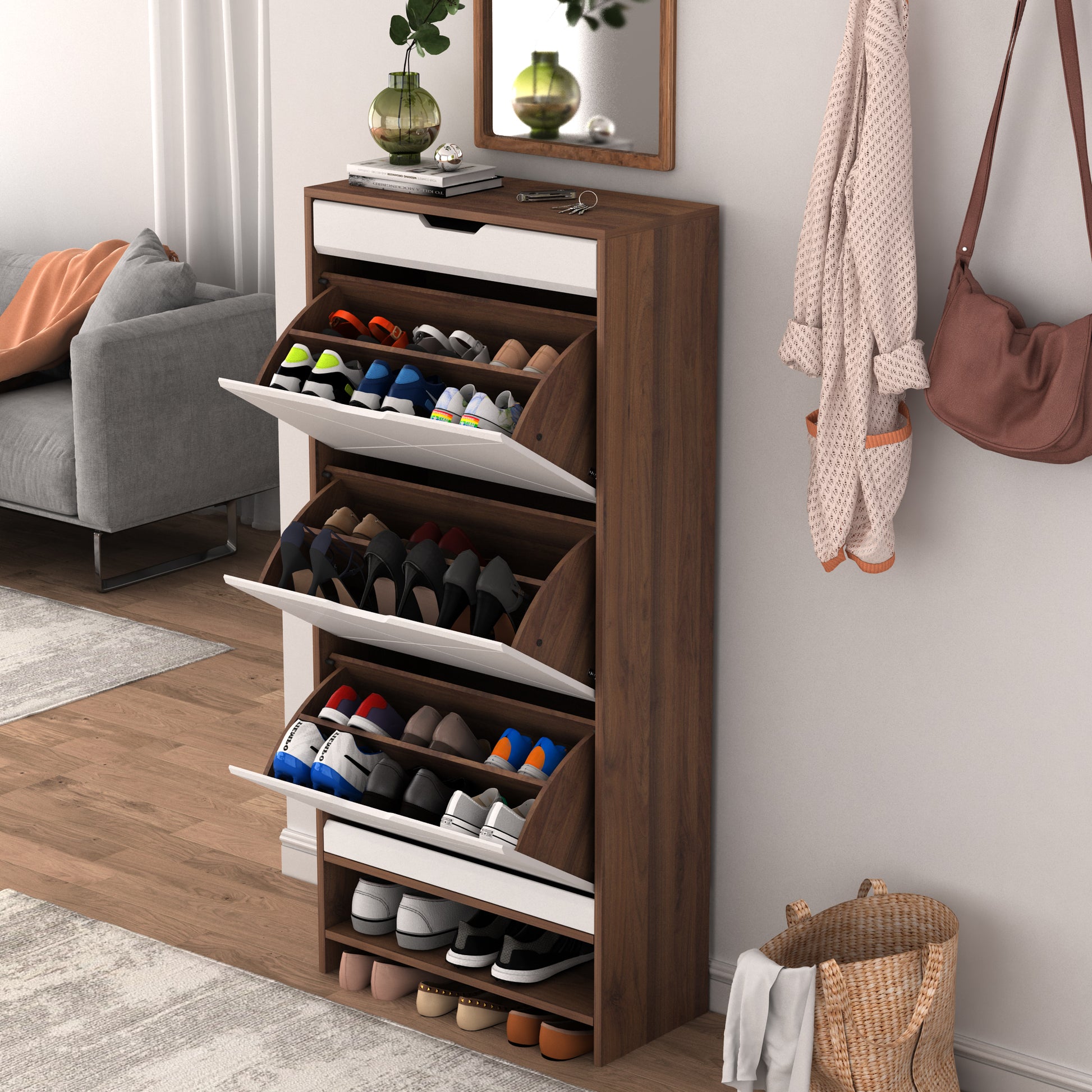 3 Tier Shoe Storage Cabinet With Draders For Entryway,Bedroom,Flip Door Design Shoe Cabinet White Walnut Mdf