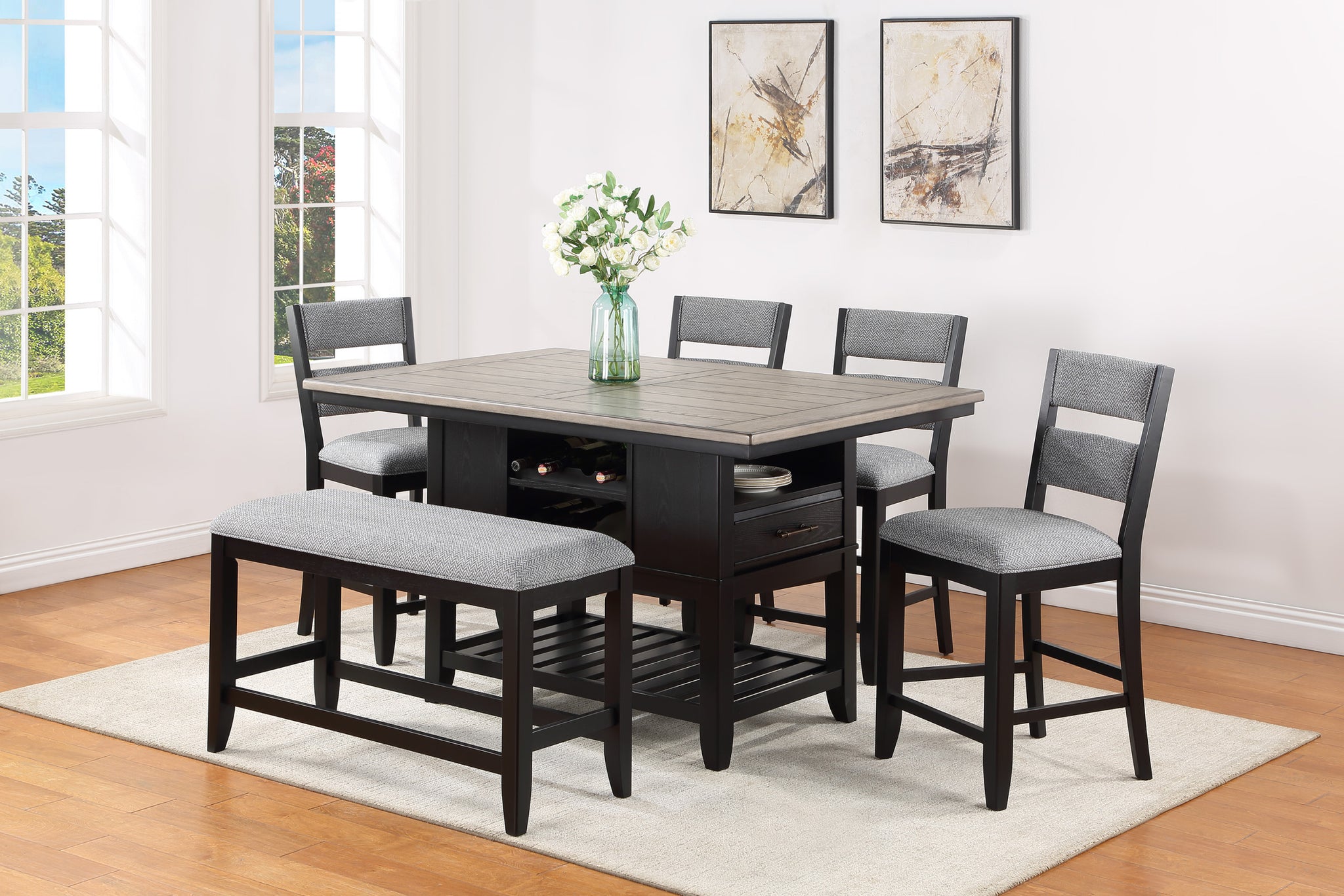 6 Piece Counter Height Dining Set Dark Finish Black Gray Brown Rectangular Table Wine Bottle Storage Upholstery Chairs Open Shelf Storage Drawer Wooden Solid Wood Furniture Wood Wood Antique Dark Grey Seats 6 Wood Dining Room 60 Inches Fixed Table