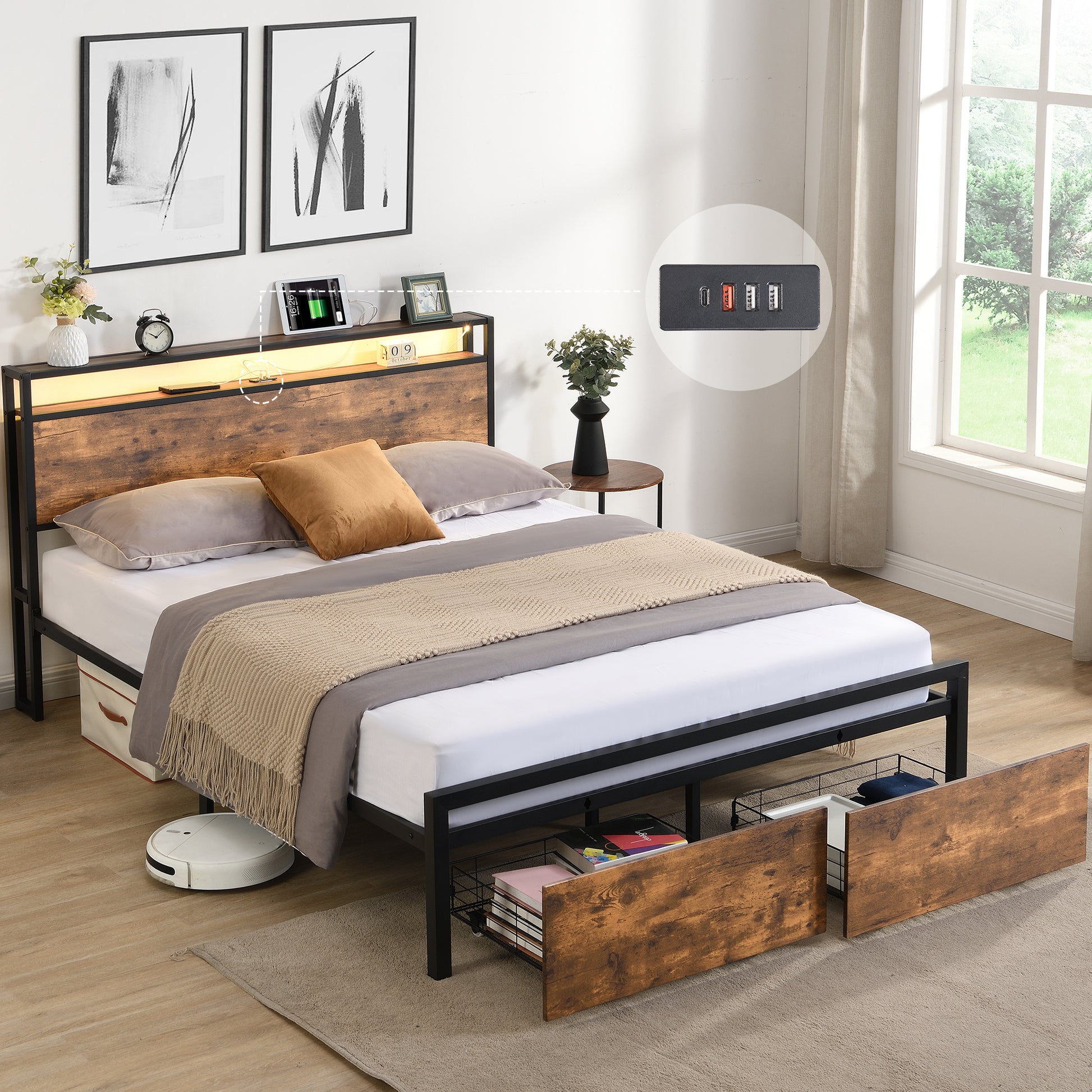 Full Size Bed Frame With Storage Headboard And 2 Drawers, Led Lights Bed With Charging Station, Metal Platform Bed No Noise, Mattress Foundation Strong Metal Slats Support No Box Spring Needed Box Spring Not Required Full Black Brown Iron Brown Bedroom