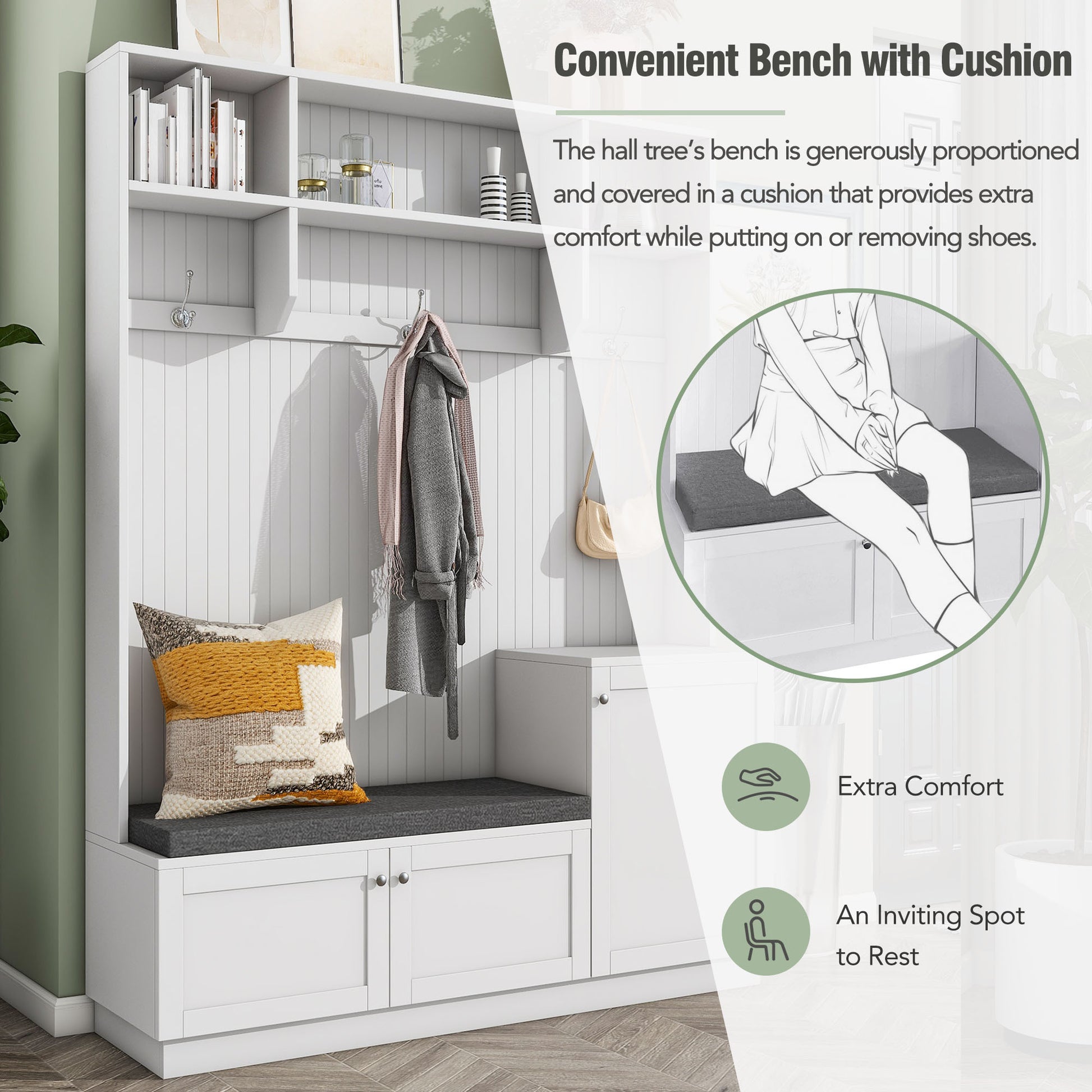 Elegant Design Hall Tree With Comfort And Storage Solutions, Functional Hallway Shoe Cabinet With Bench&Cushion, Modern Coat Rack With Hooks For Entryways, White Cushioned White Primary Living Space Mdf